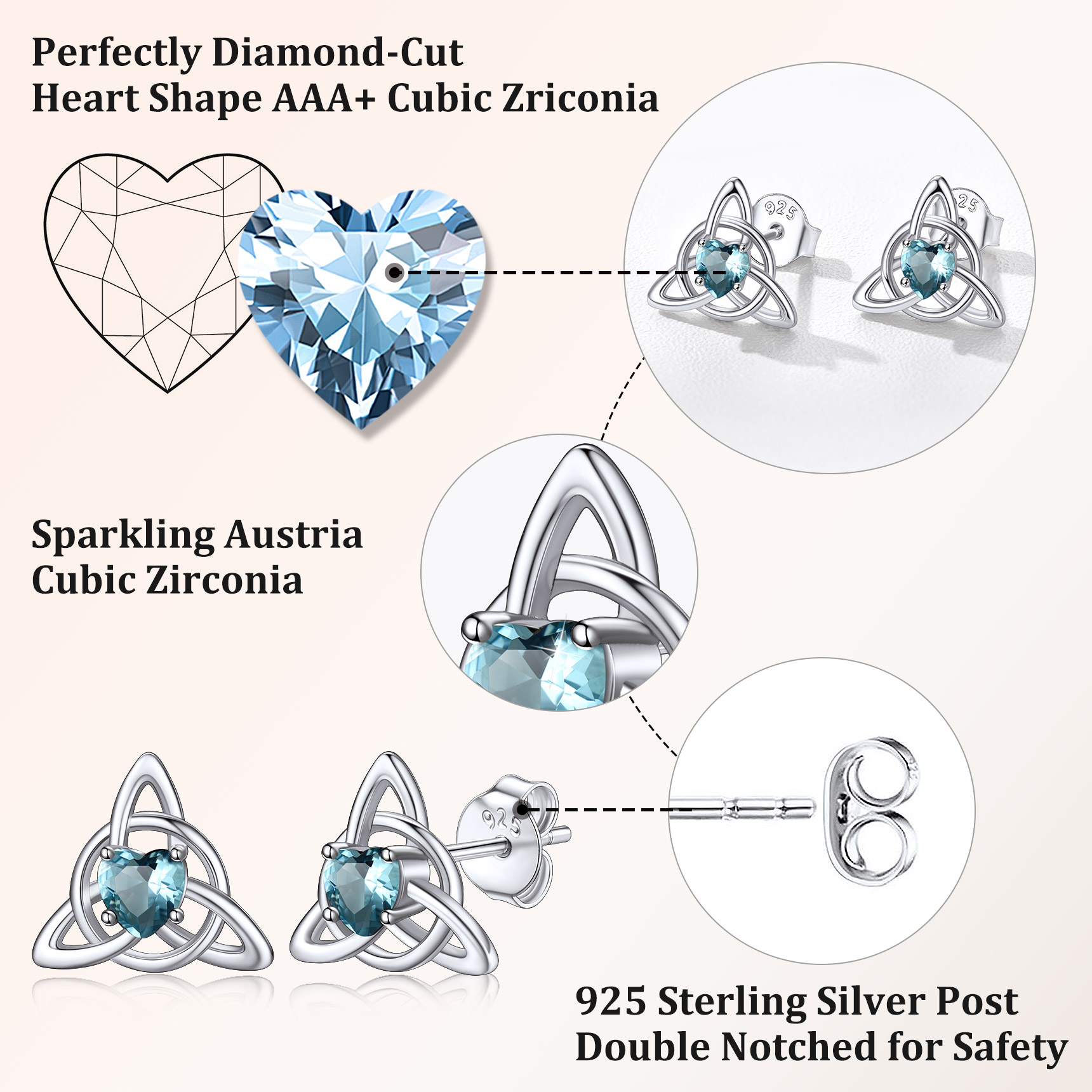 Sterling Silver & AAA+ Cubic Zriconia ChicSilver  Celtic Knot Heart Adorned Birthstone Stud Earring