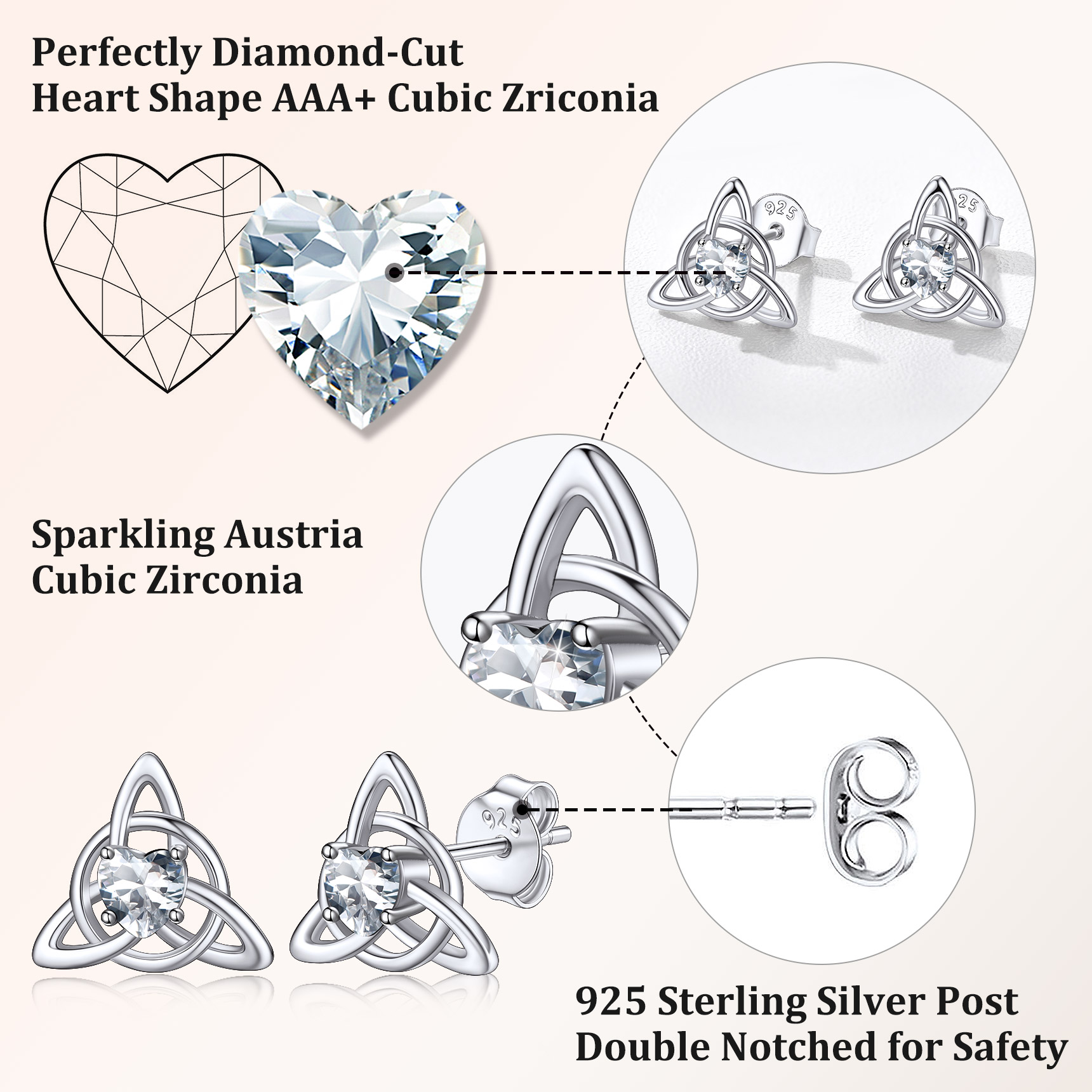 Sterling Silver & AAA+ Cubic Zriconia ChicSilver  Celtic Knot Heart Adorned Birthstone Stud Earring