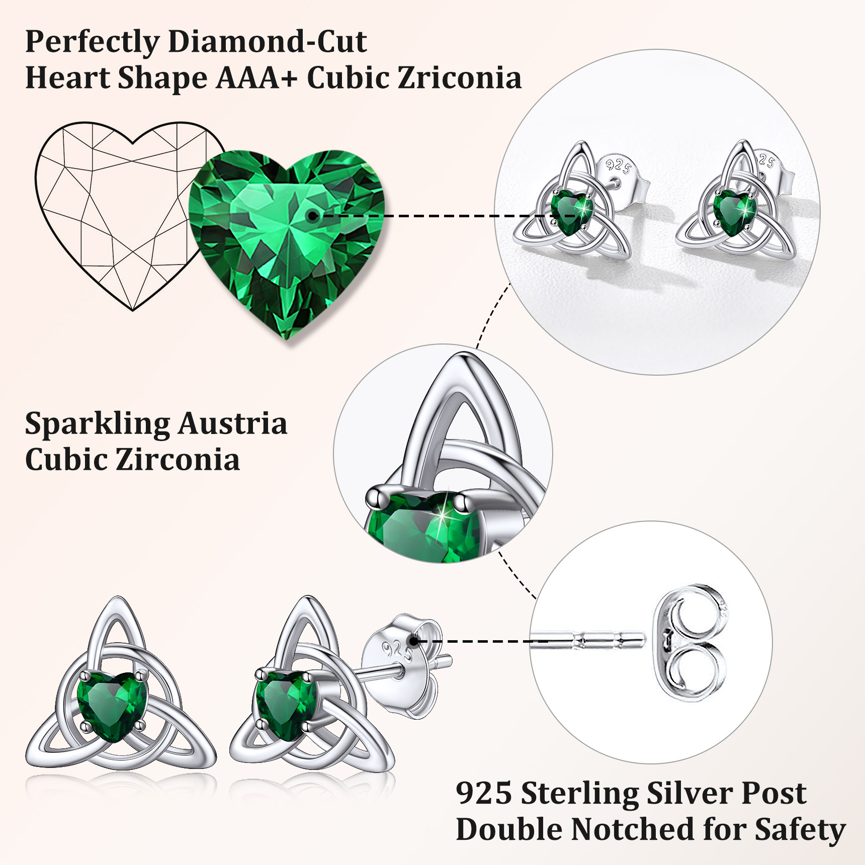 Sterling Silver & AAA+ Cubic Zriconia ChicSilver  Celtic Knot Heart Adorned Birthstone Stud Earring
