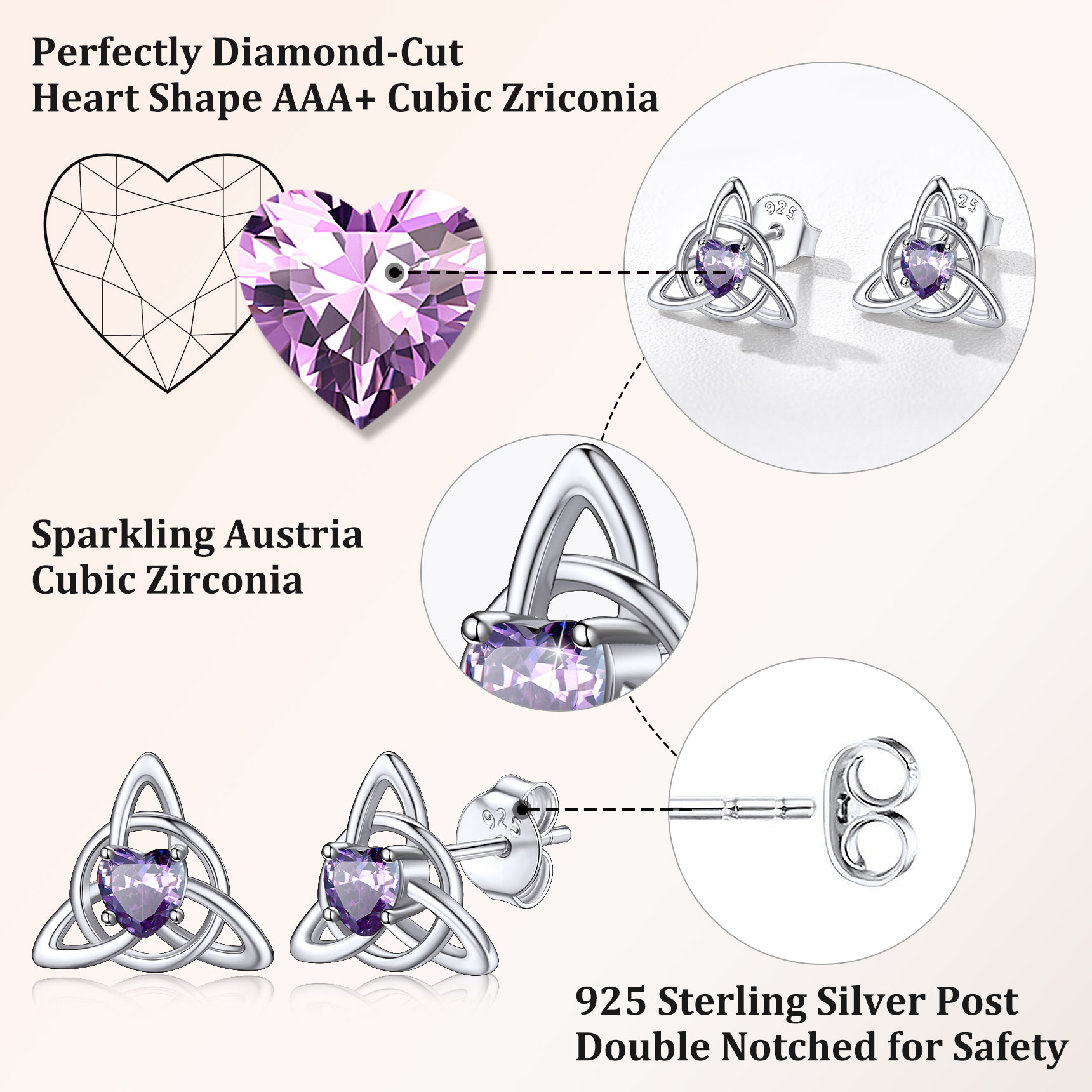 Sterling Silver & AAA+ Cubic Zriconia ChicSilver  Celtic Knot Heart Adorned Birthstone Stud Earring