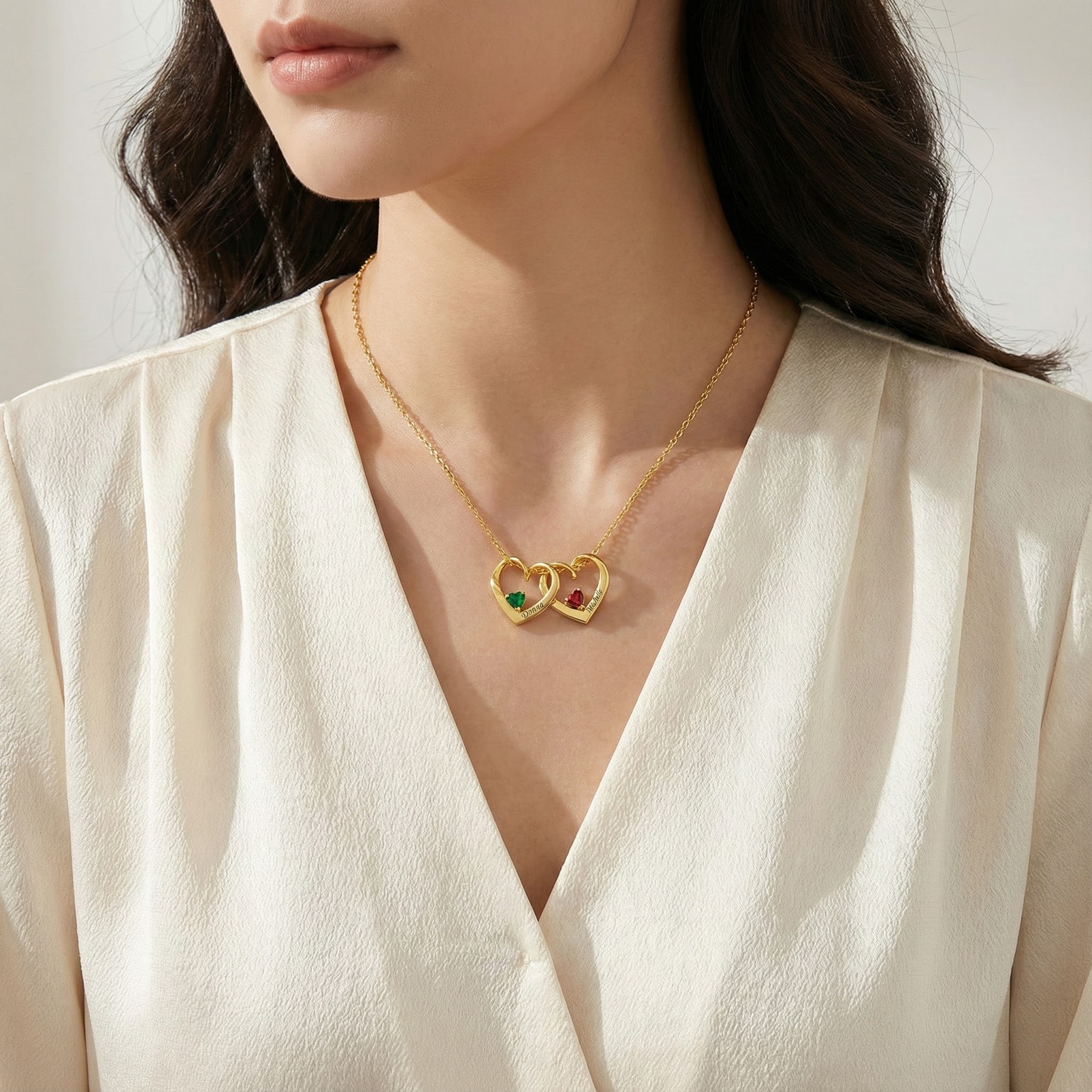 Personalized Dimensional heart birthstone necklace with engraved name for Women