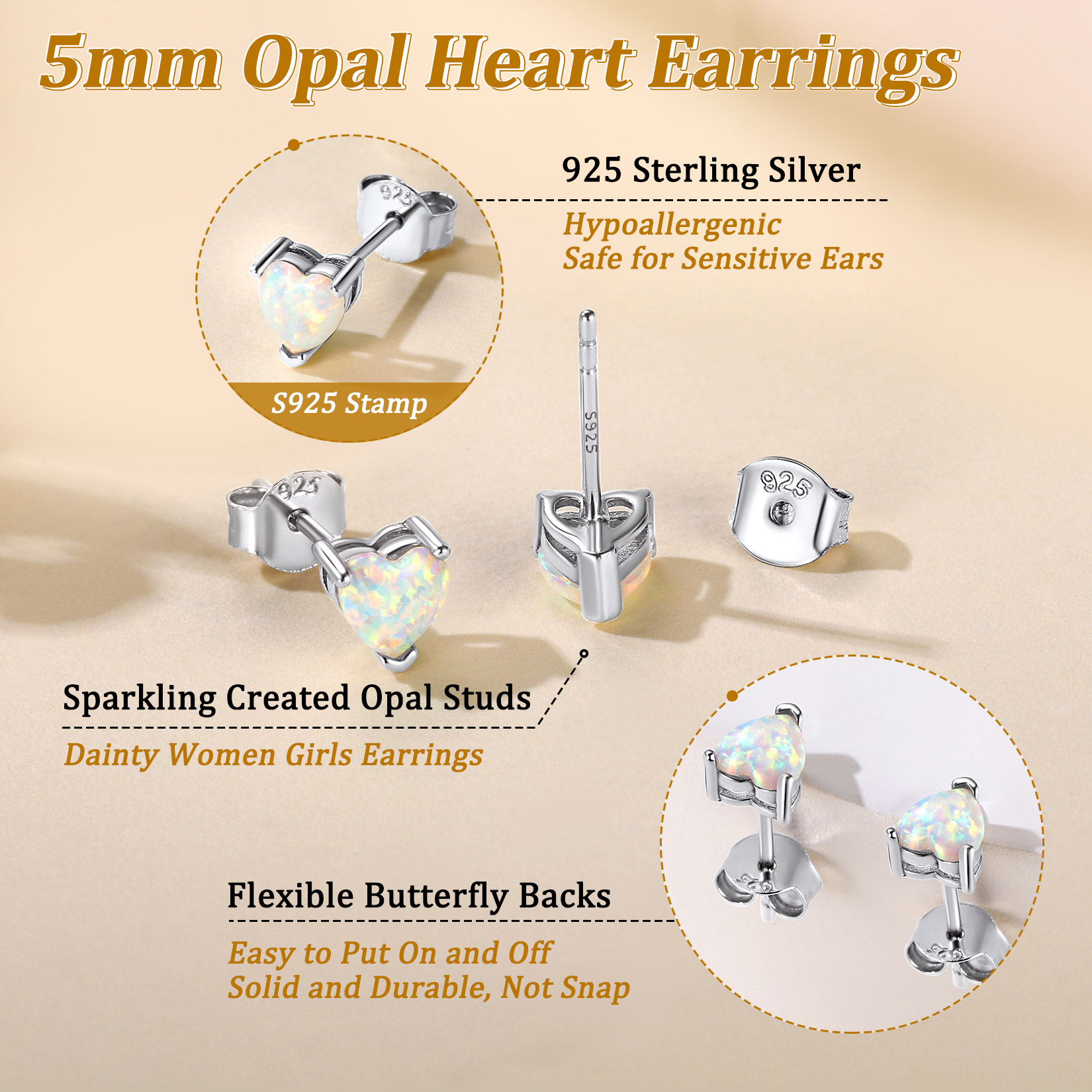 Sterling Silver Heart Opal Stud Earrings for Her