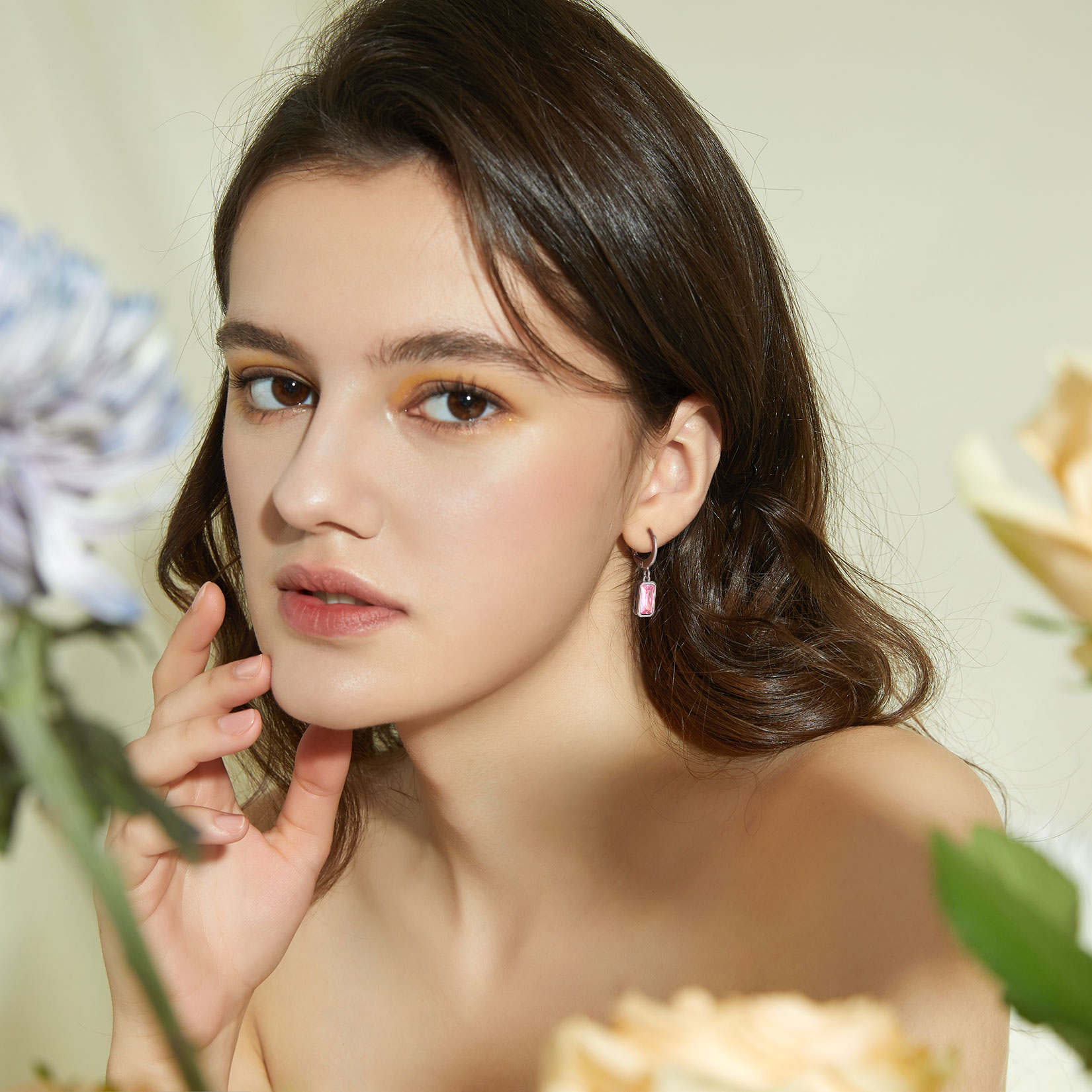 Tiny Cute Emerald Cut Birthstone Hoop Dangle Earrings  for Women