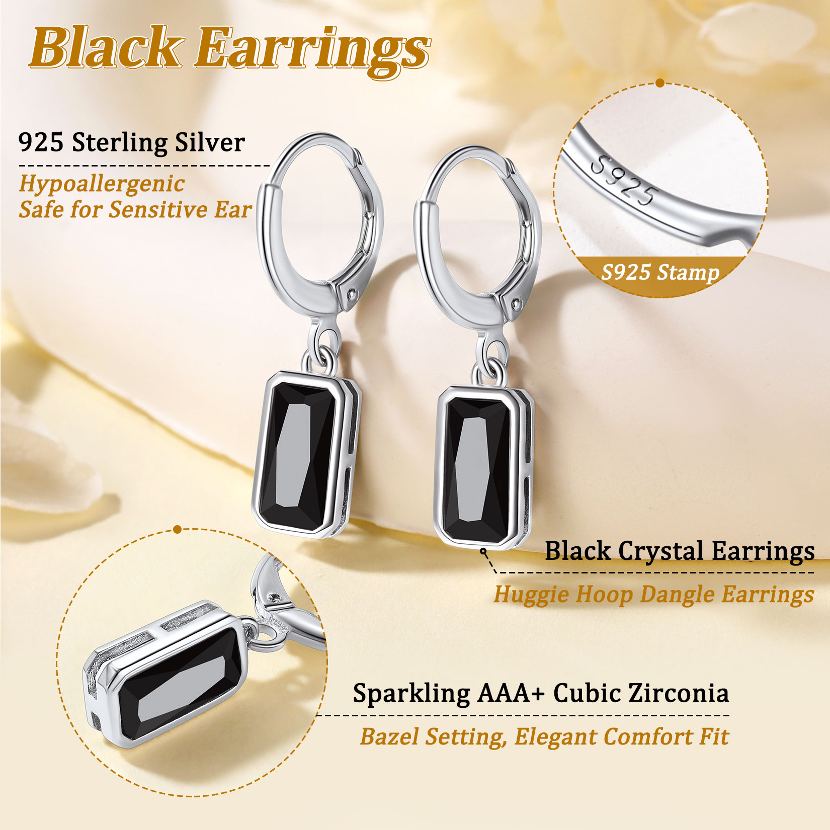 Sterling Silver Black Emerald Cut Birthstone Hoop Dangle Earrings