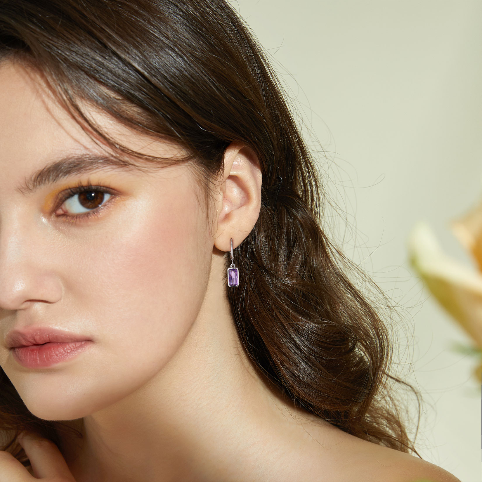 Tiny Cute Emerald Cut Birthstone Hoop Dangle Earrings  for Women