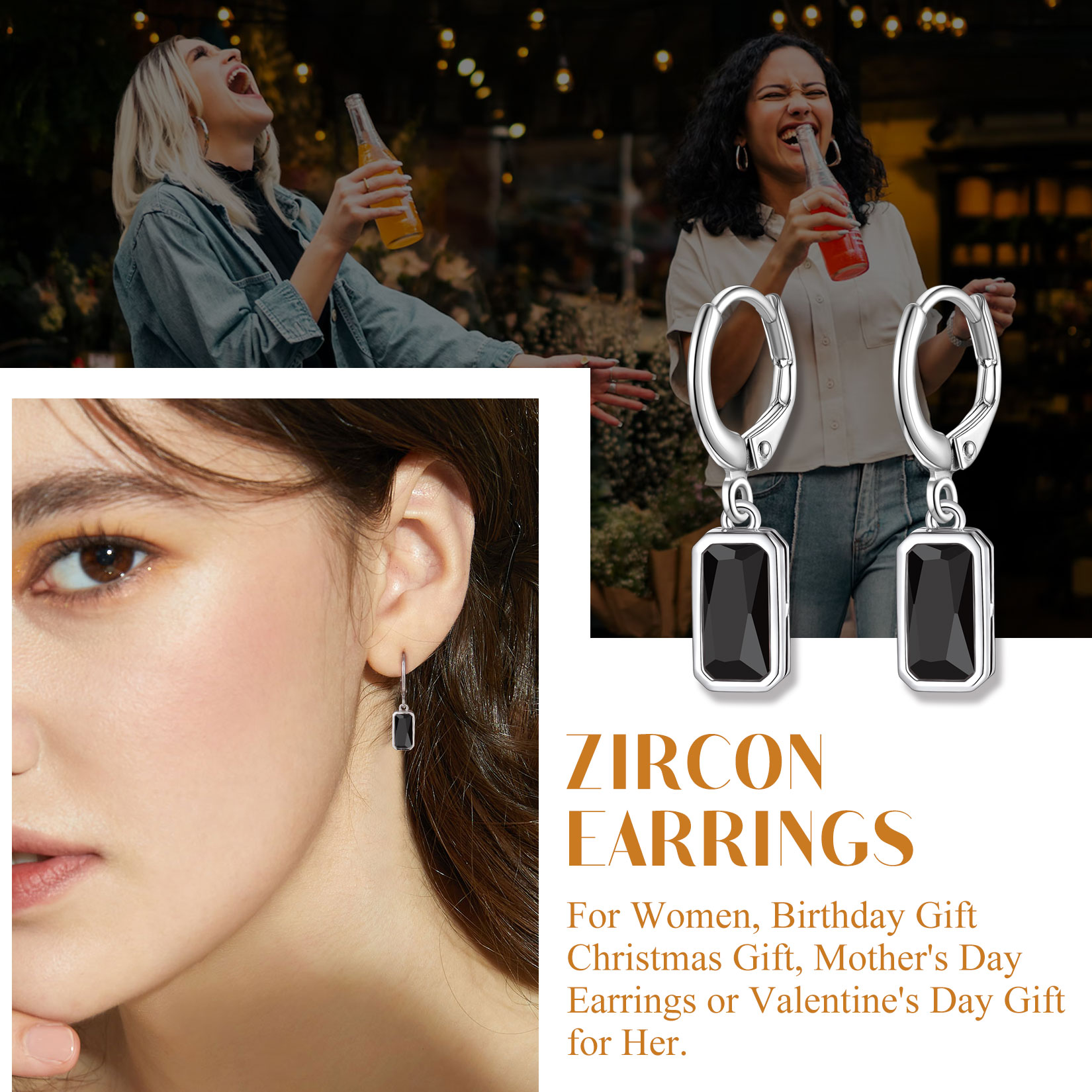 Black Emerald Cut Birthstone Hoop Dangle Earrings, birthday present for sister/for mom