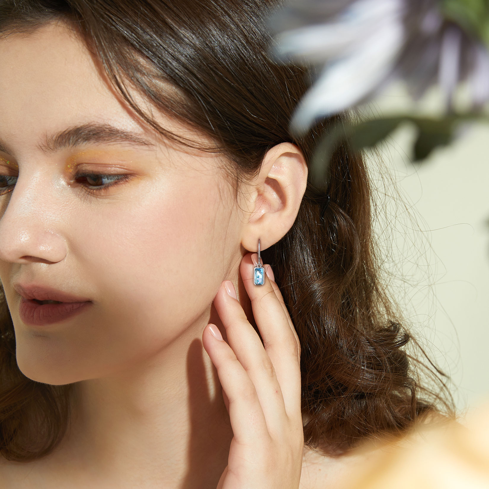 Tiny Cute Emerald Cut Birthstone Hoop Dangle Earrings  for Women