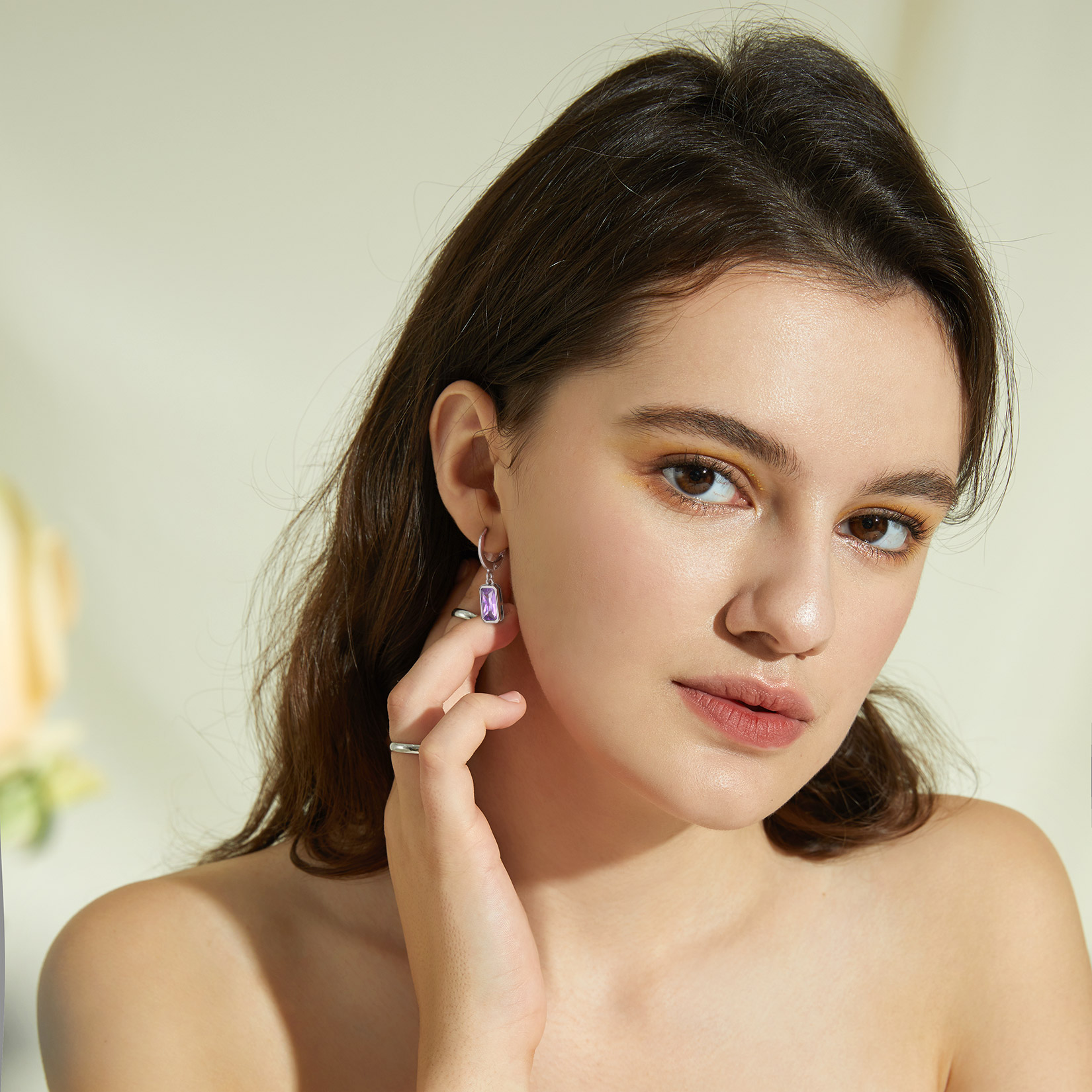 Tiny Cute Emerald Cut Birthstone Hoop Dangle Earrings  for Women