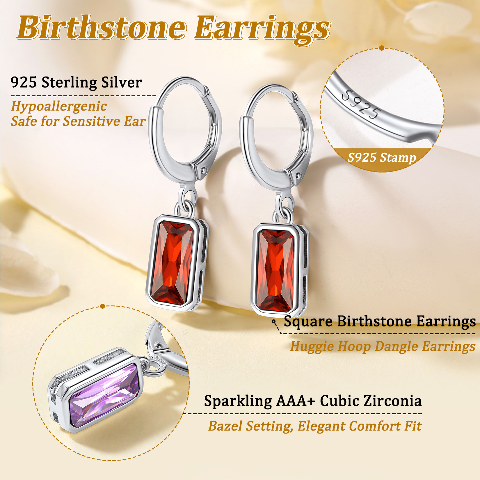 Sterling Silver  Tiny Cute Emerald Cut Birthstone Hoop Dangle Earrings