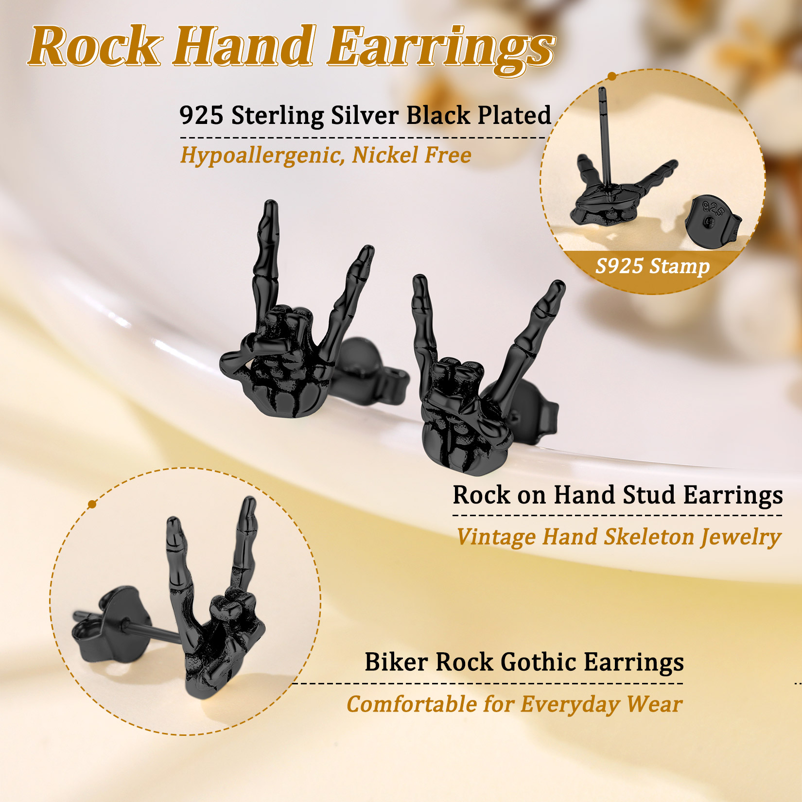 Sterling Silver Rock & Roll Gesture Skeleton Stud Earrings