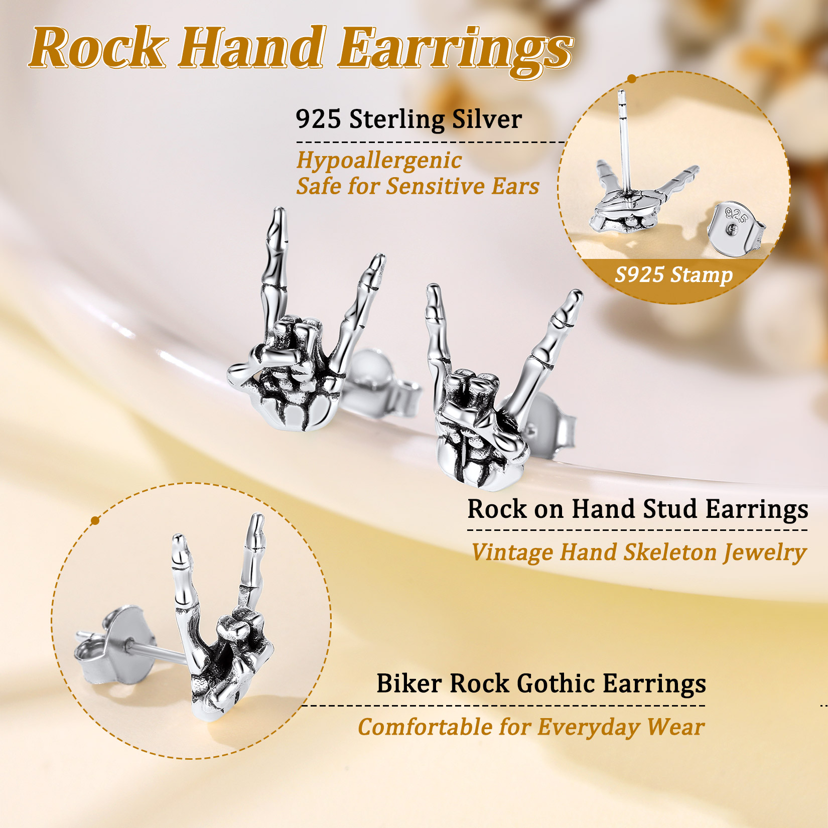 Sterling Silver Rock & Roll Gesture Skeleton Stud Earrings