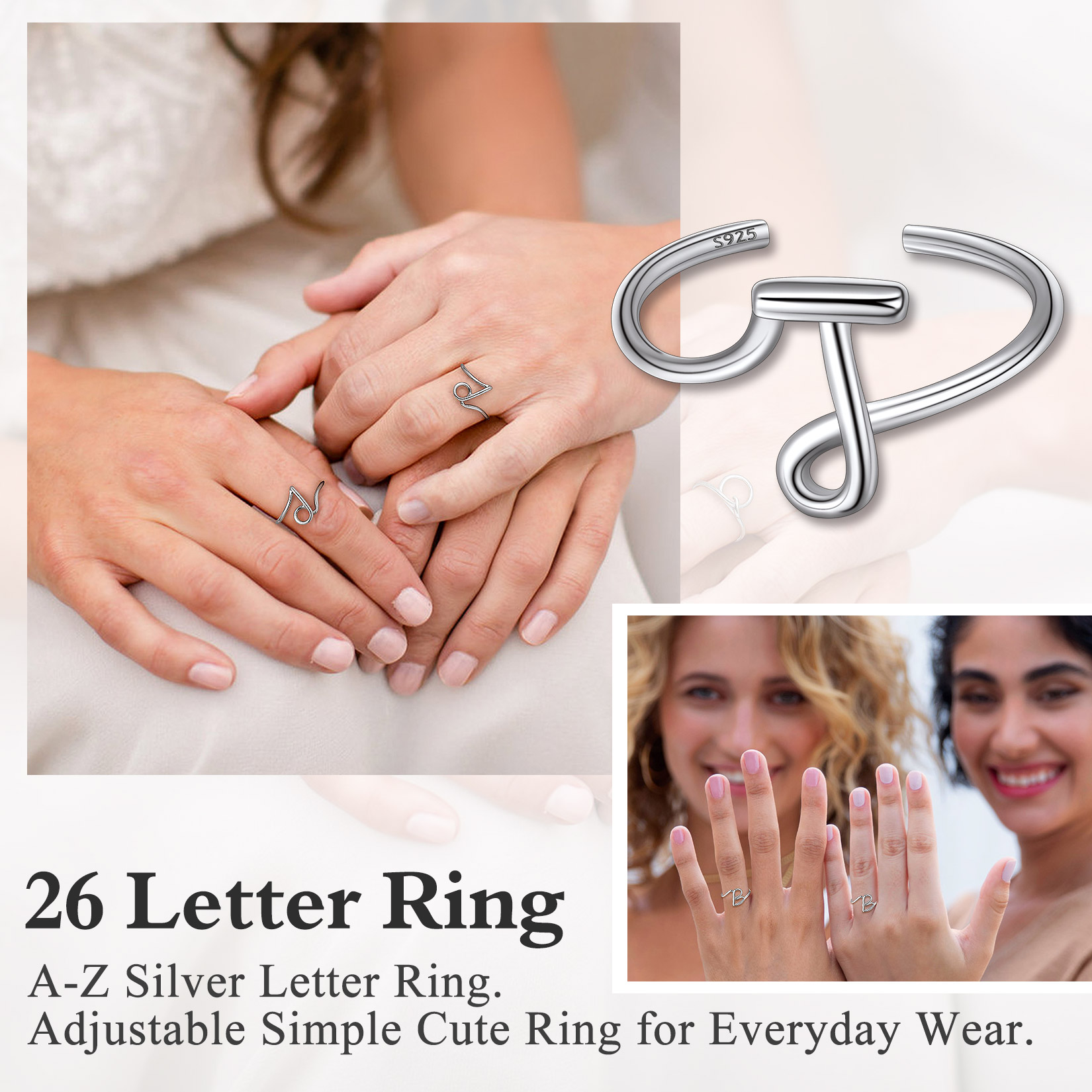 Sterling Silver Simple Initial Letter Monogram A-Z Adjustable Ring