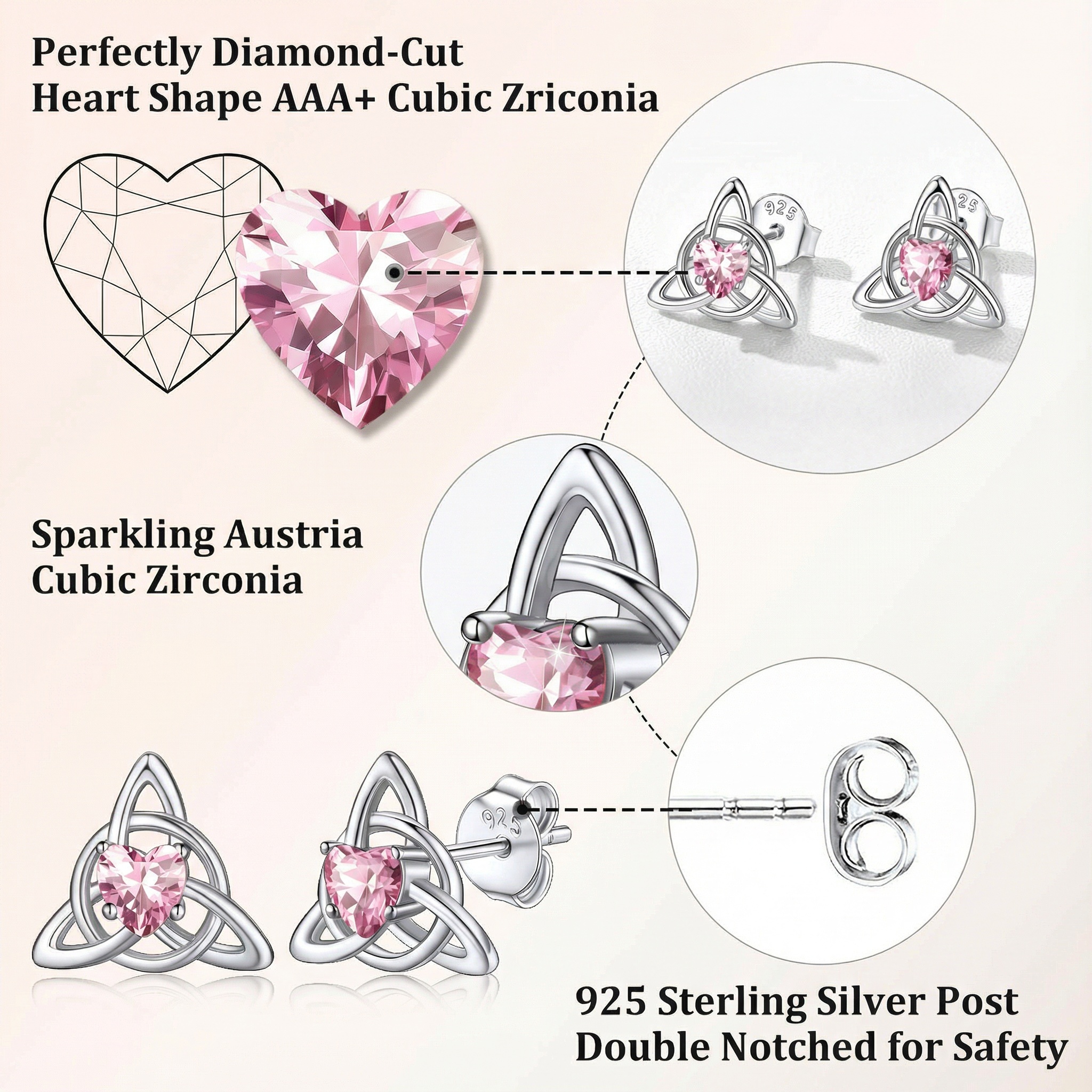 Sterling Silver & AAA+ Cubic Zriconia ChicSilver Celtic Knot Heart Adorned Birthstone Stud Earring
