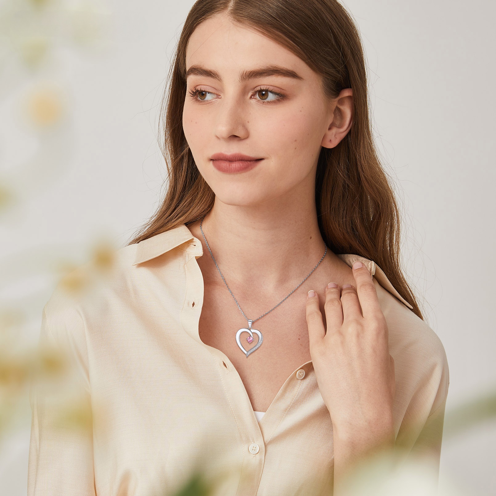 Personalized Heart Birthstone Pendant Necklace with Engraved Name for Women