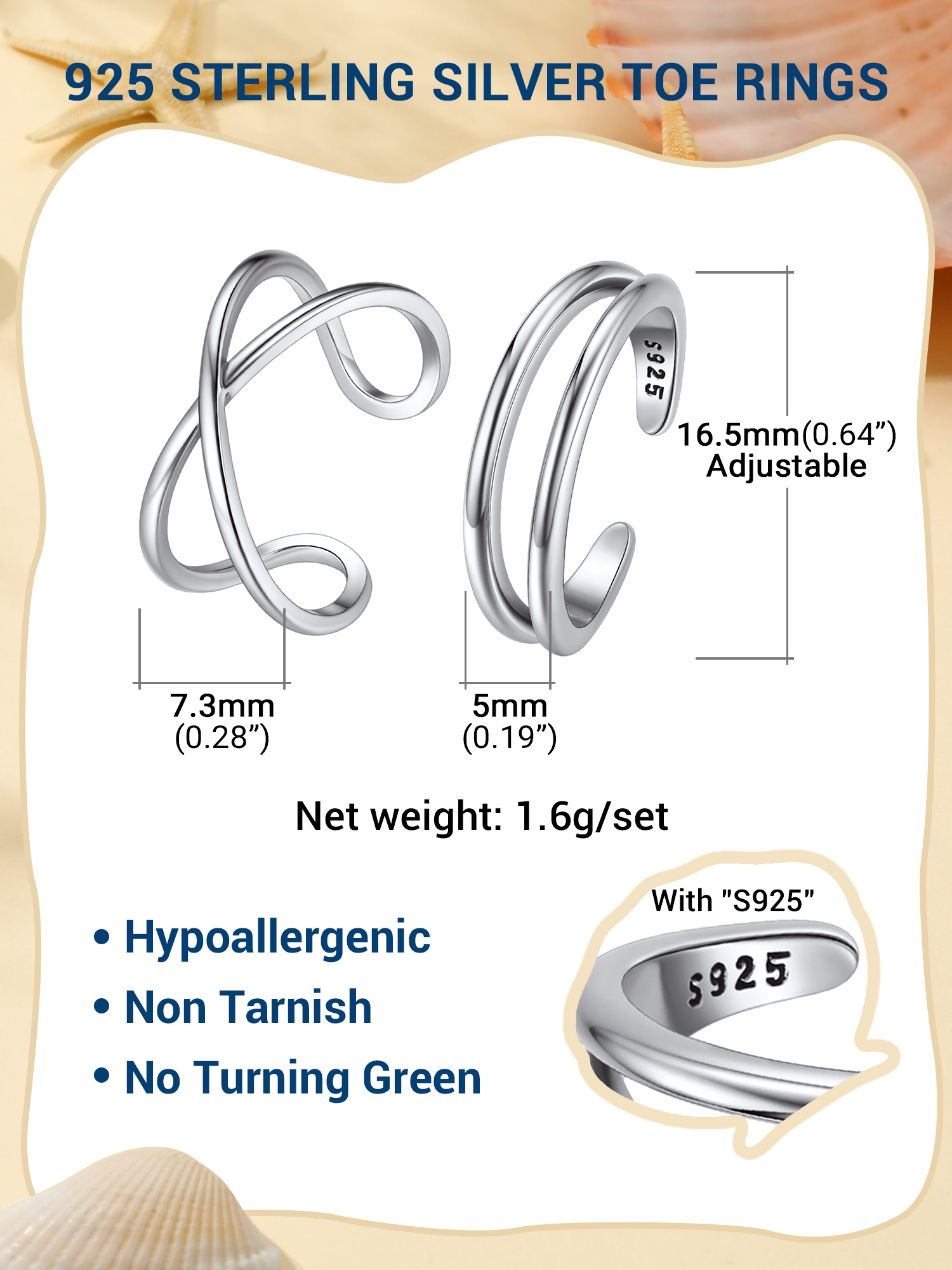 Sterling Silver 2 Pcs Thin Line Minimalist Open Cuff Toe Rings Set 