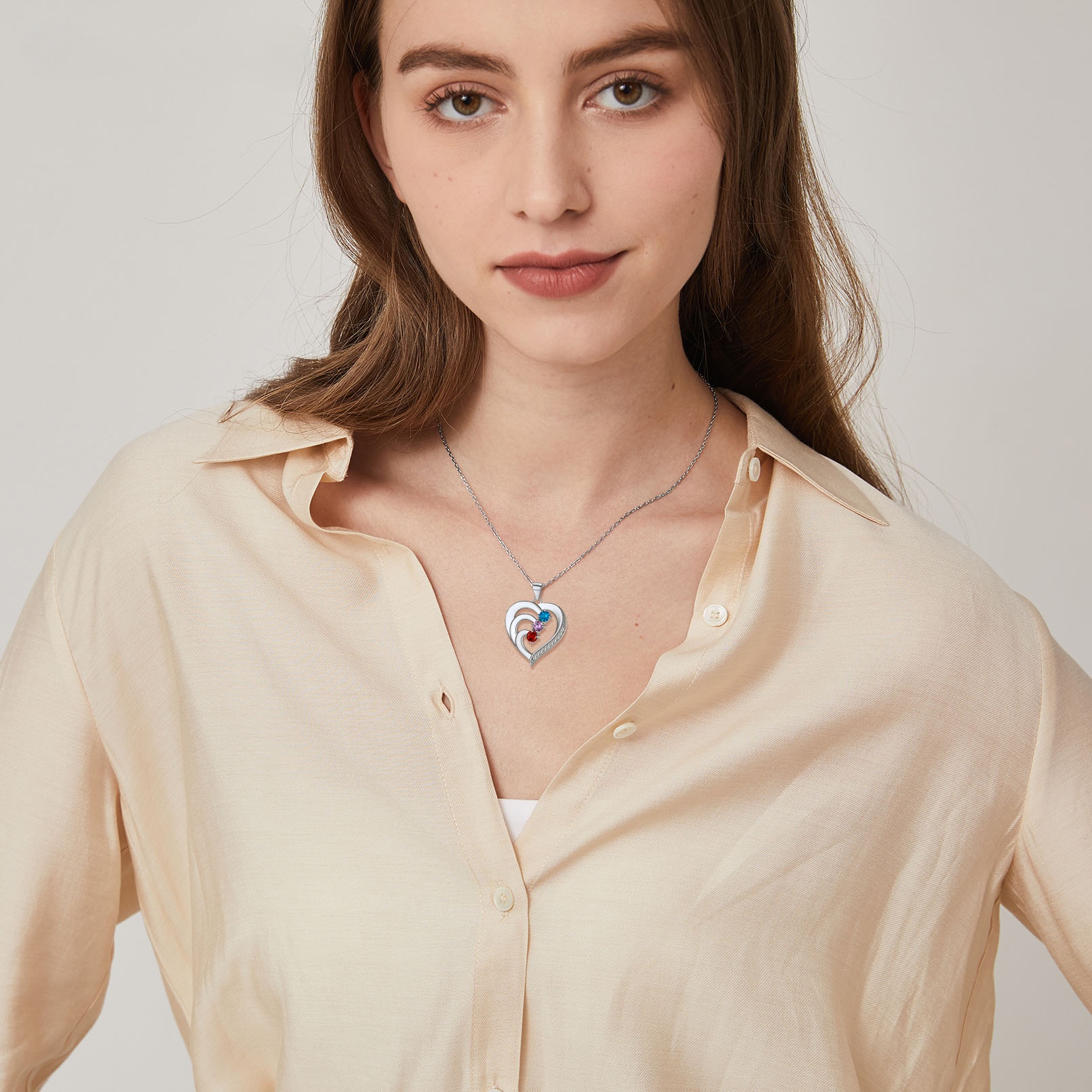 Personalized Heart Birthstone Pendant Necklace with Engraved Name for Women