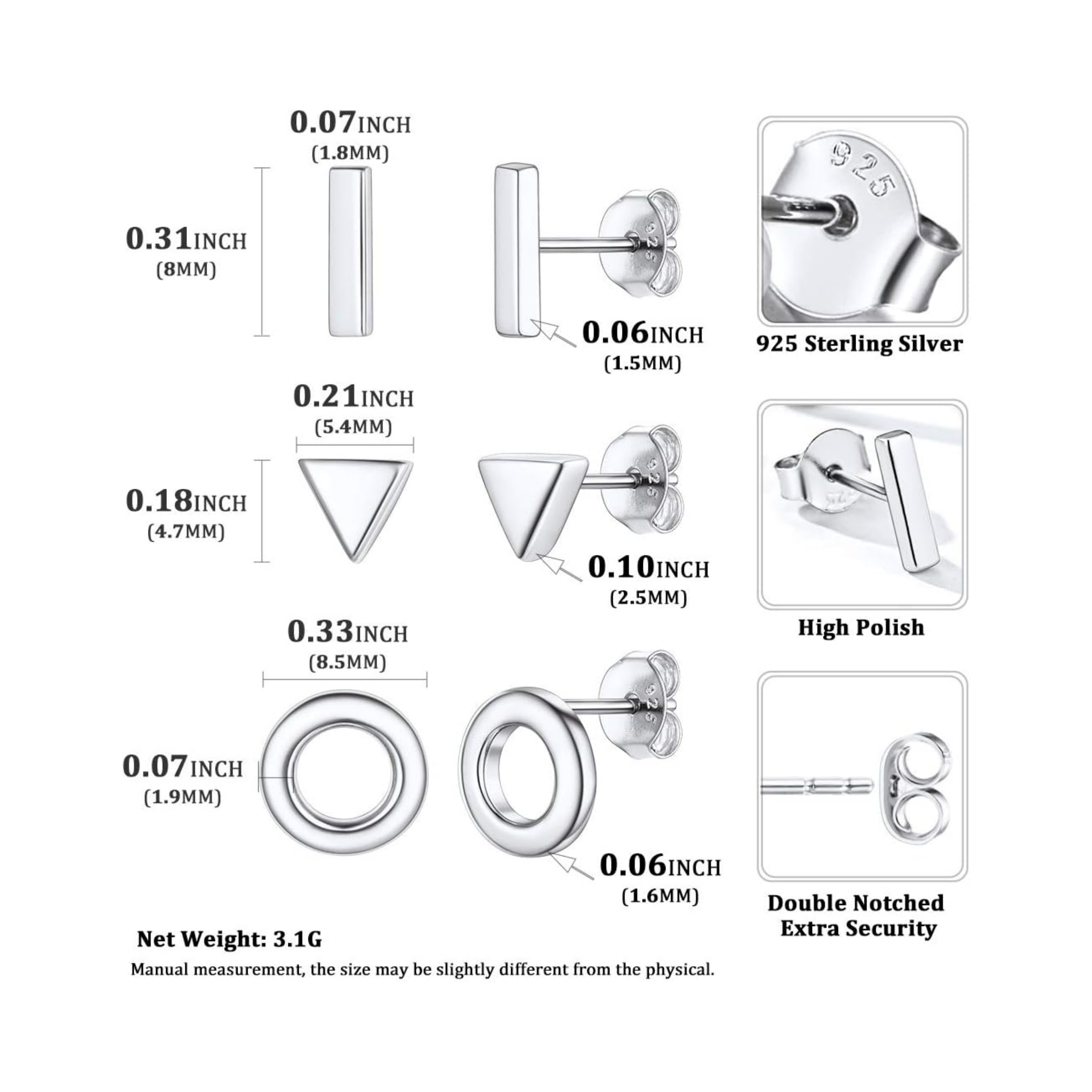 3PCS Dot/Triangle/Bar Stud Earrings Set Details: Dimensions, Hypoallergenic, Push Back Finding