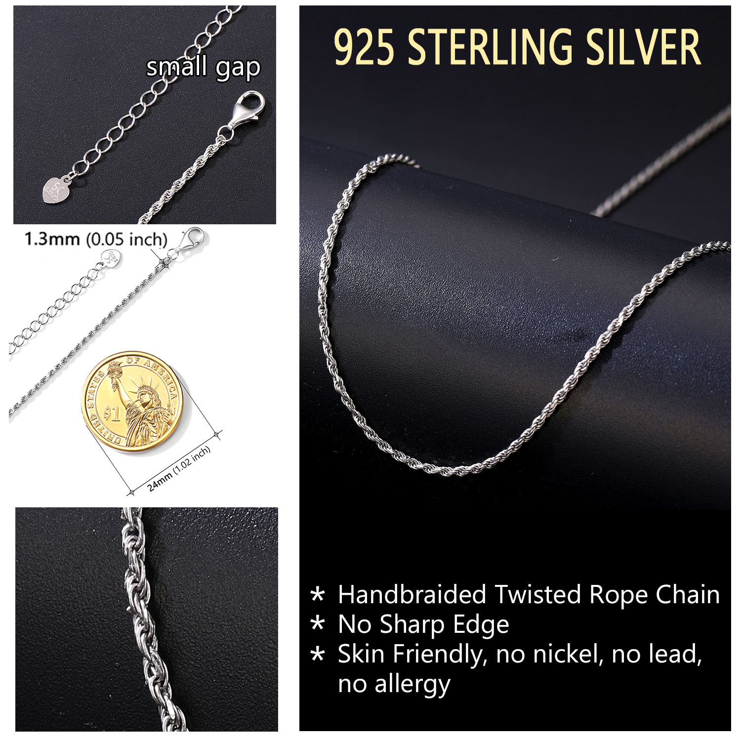 Sterling Silver 1.3mm Rope Chain Necklace for Women