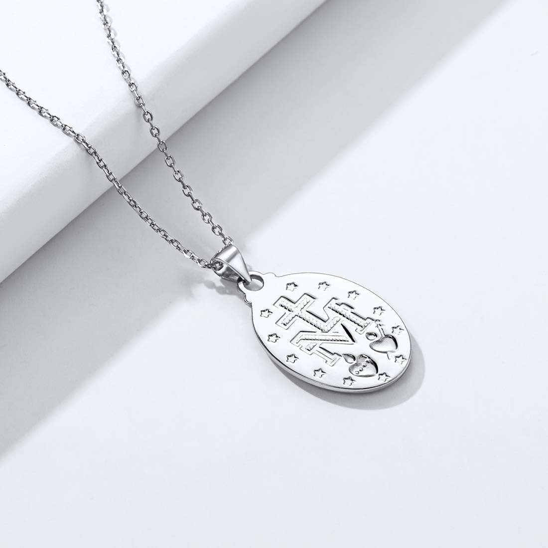 Religious Christian Oval Medal Virgin Mary Necklace, Silver Color