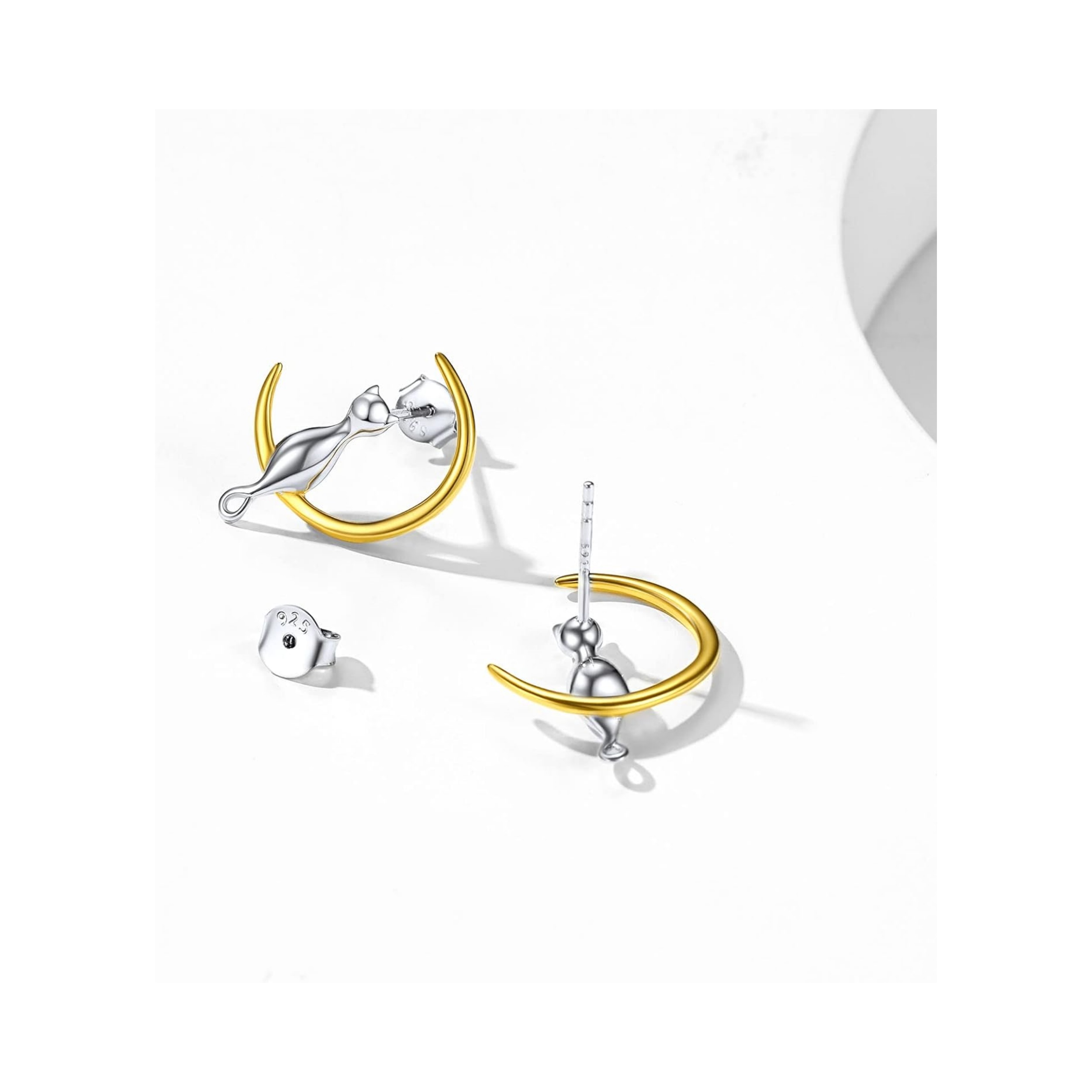 Sterling Silver Lovely Cat and Moon Stud Earrings