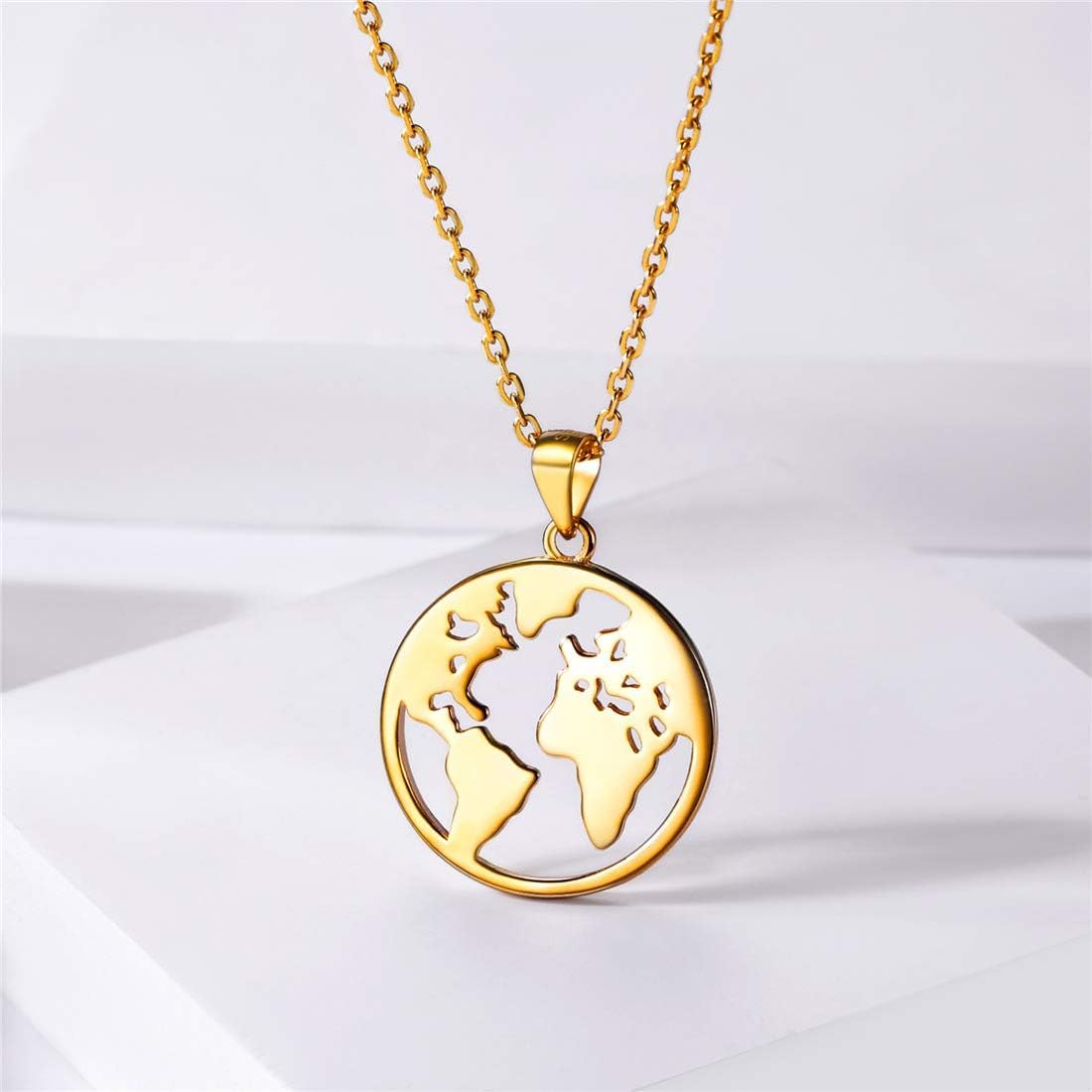 Gold Earth Map Charm Round Pendant Necklace