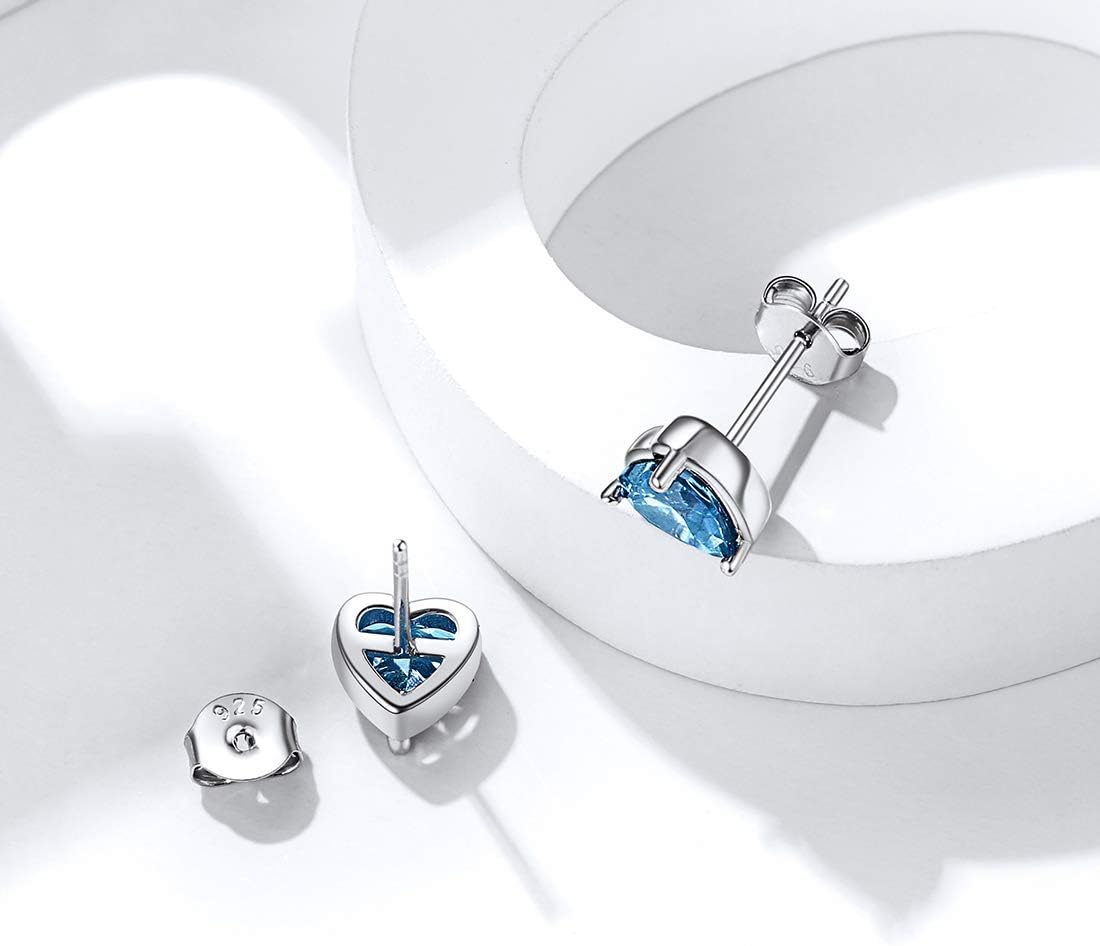 Sparkling Heart Cut Crystal March Aquamarine Birthstone Stud Earrings