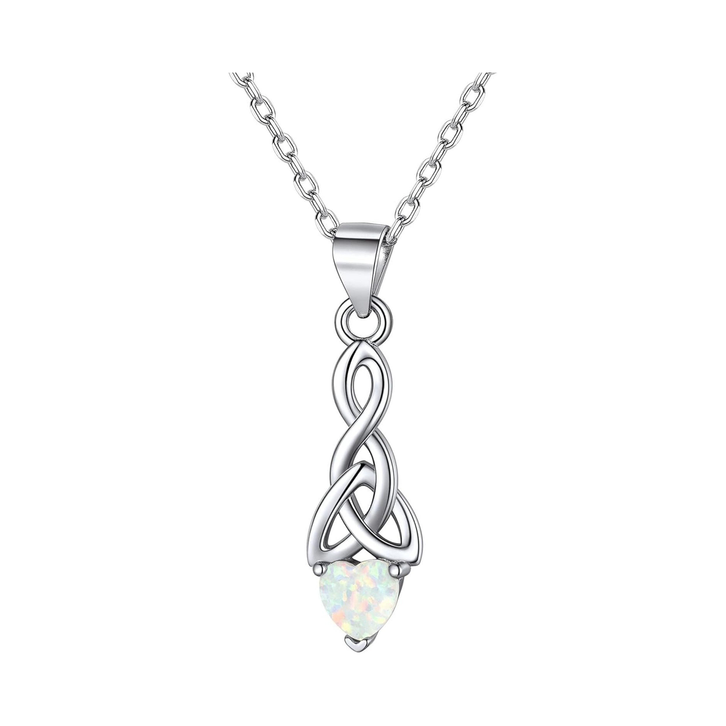 October Opal Sparkling Heart Birthstone Celtic Knot Pendant Necklace