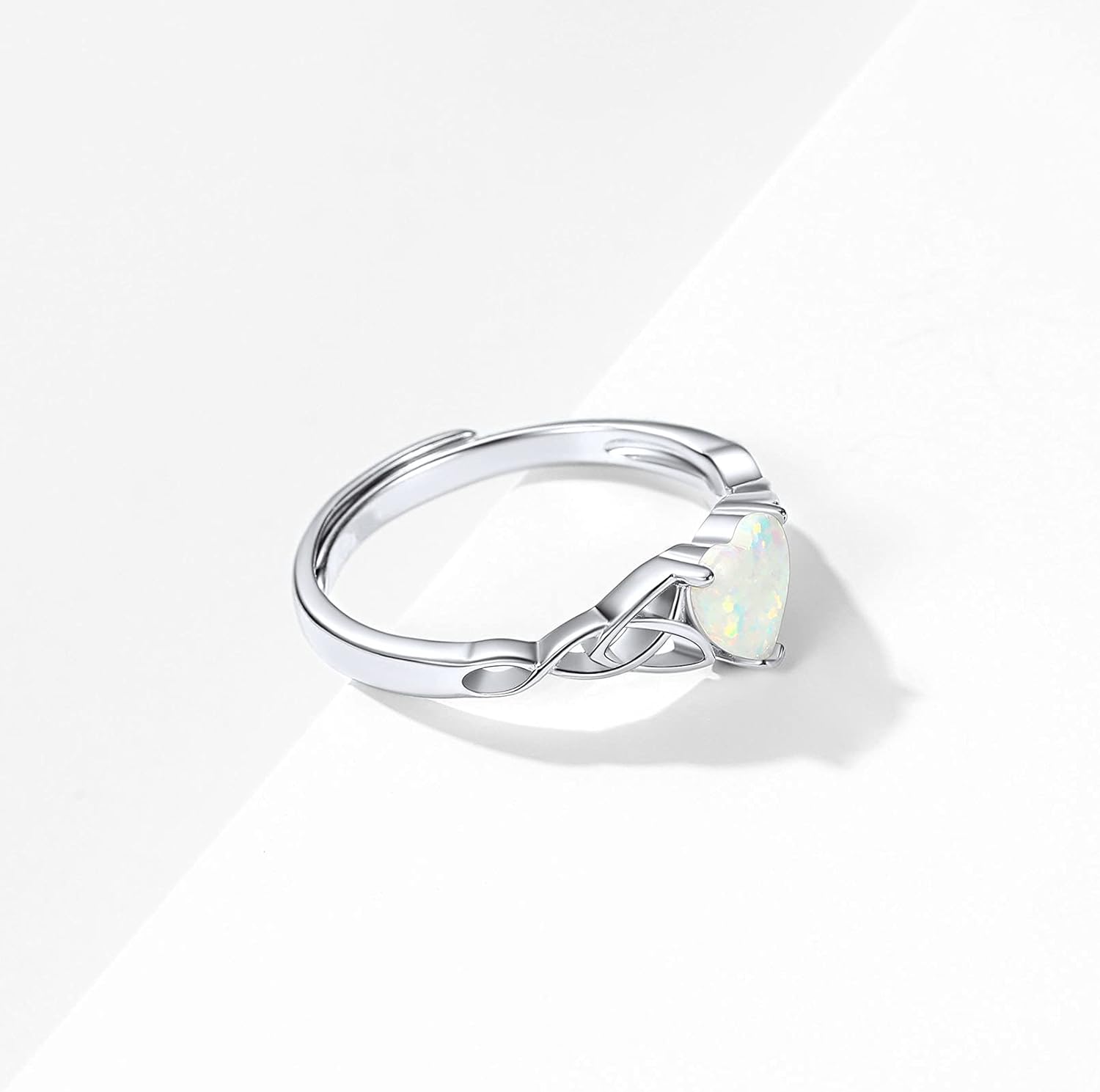 White Opal Celtic Knot Claddagh Heart Shape Birthstone Promise Ring