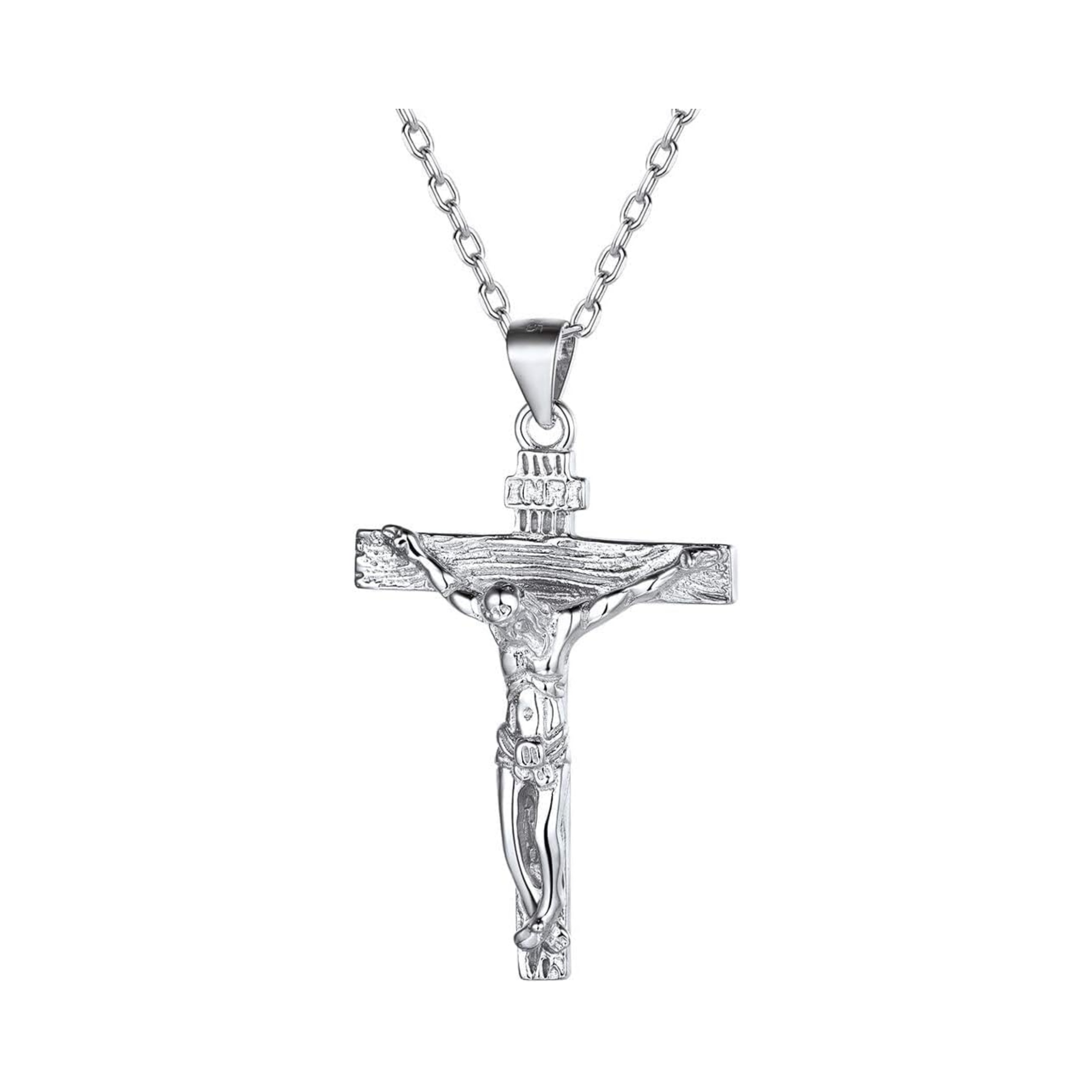 Catholic Jesus Christ on INRI Jesus Cross Pendant Necklace for Men & Woman, Silver Color