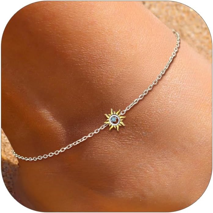 Dainty Blue Cubic Zirconia & Sun Anklets 