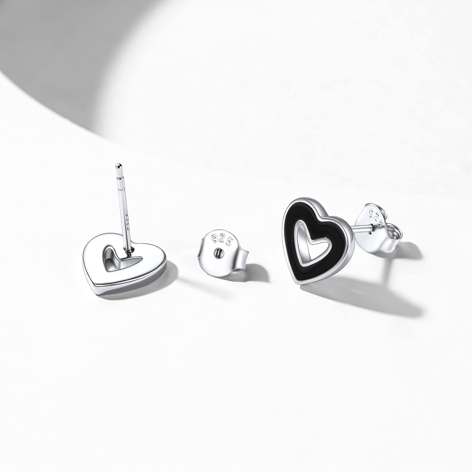 Sterling Silver Black Hollow Heart Earrings for Women