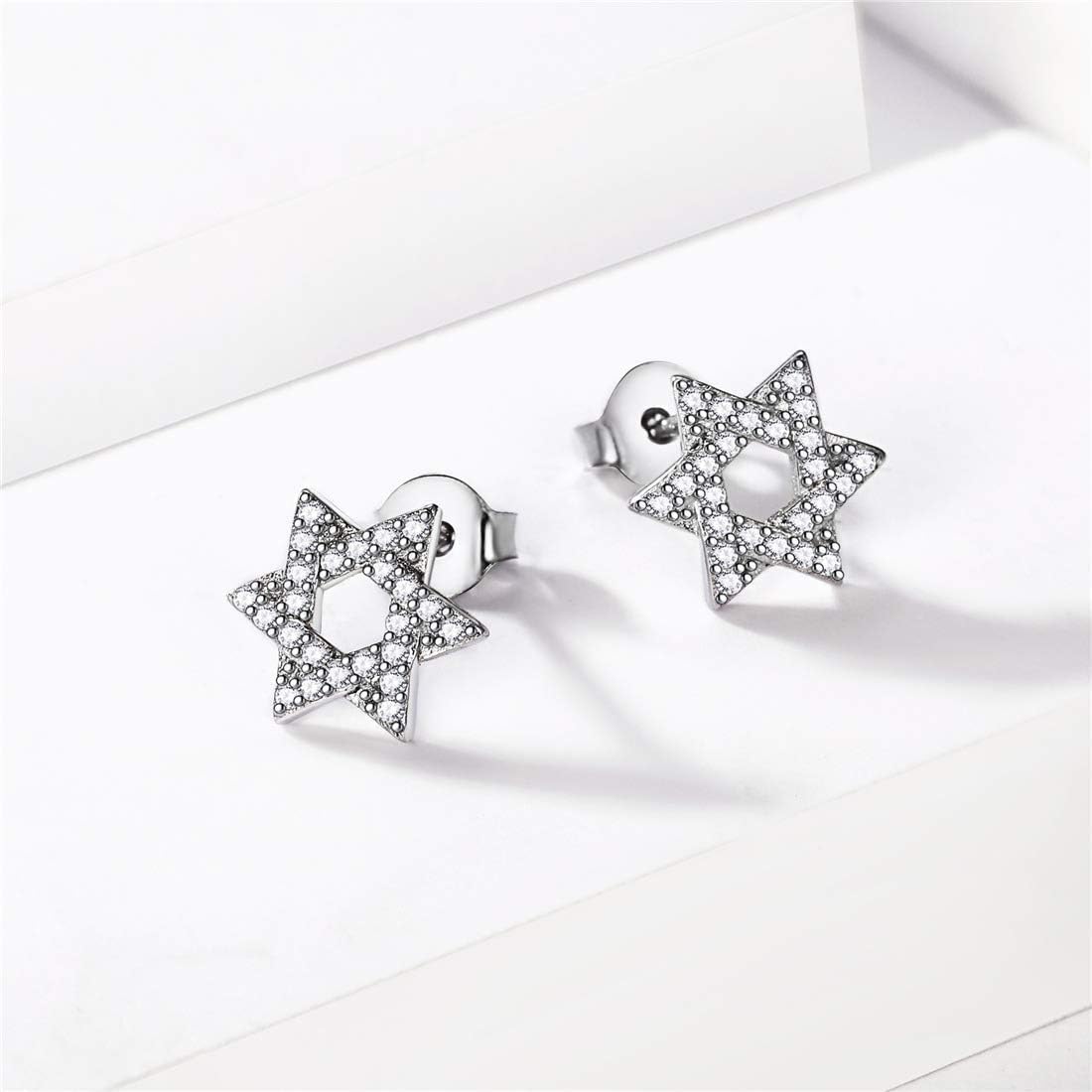 Sterling Silver Tiny Cubic Zirconia Star of David Stud Earrings 