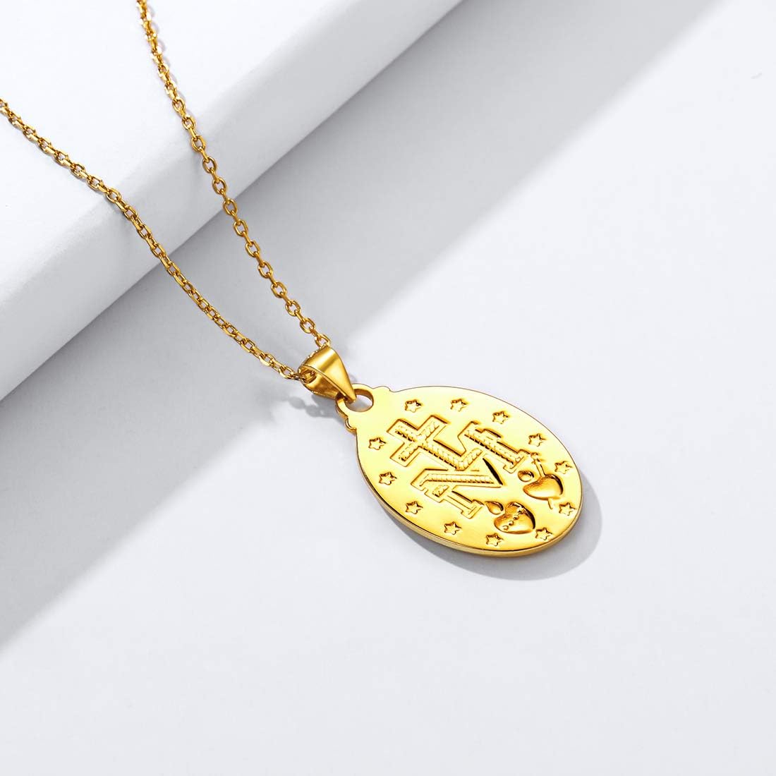 Religious Christian Oval Medal Virgin Mary Necklace for Men & Women, Gold Color
