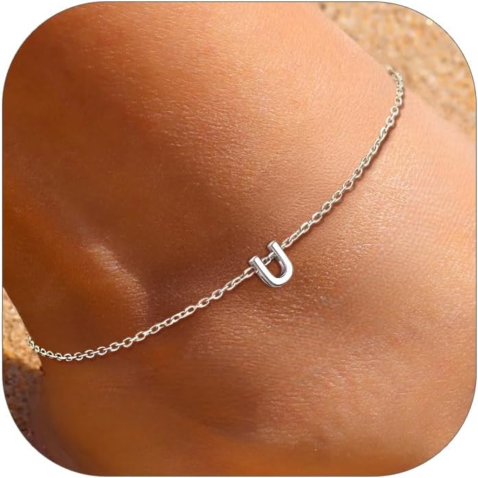 U-Initial Letter Minimalist Summer Beach Anklet, sterling silver jewlery, initial jewelry, initial Anklet, sterling silver anklet, gift idea