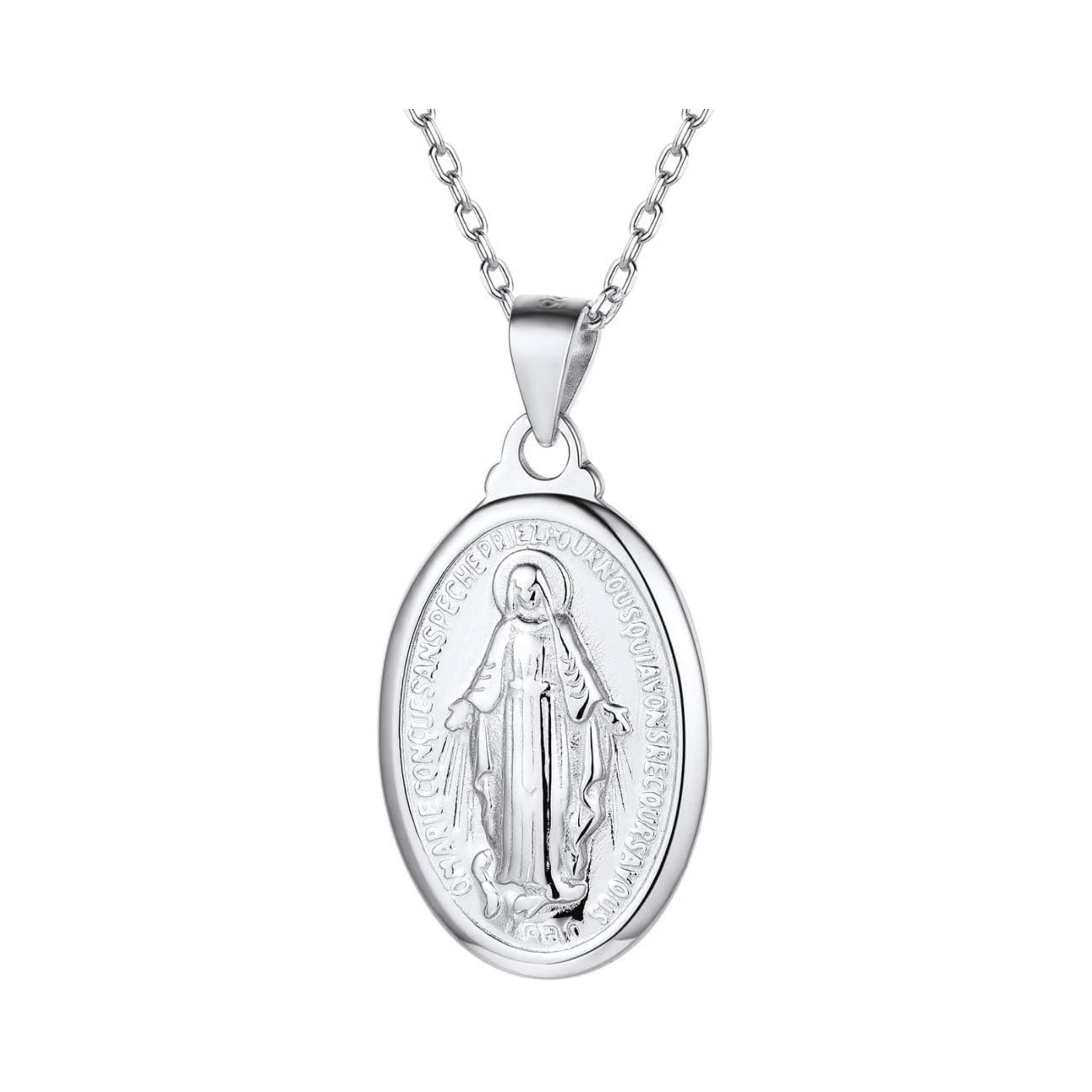 Silver Catholic Religious Christian Virgin Mary Oval Pendant Necklace