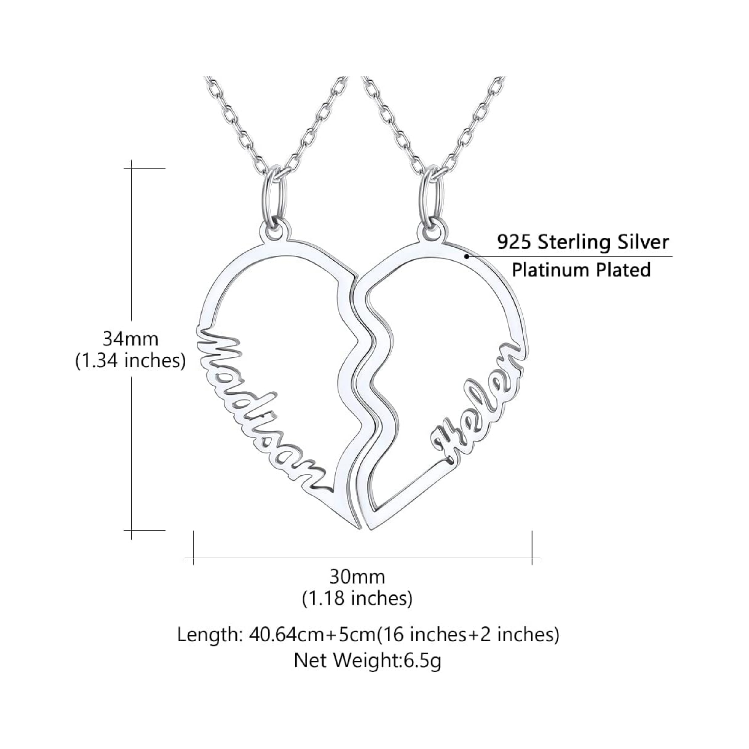 Personalized Split Heart Matching Friendship Couple Necklaces Details: Dimensions, Hypoallergenic, Lobster-Claw-Clasps