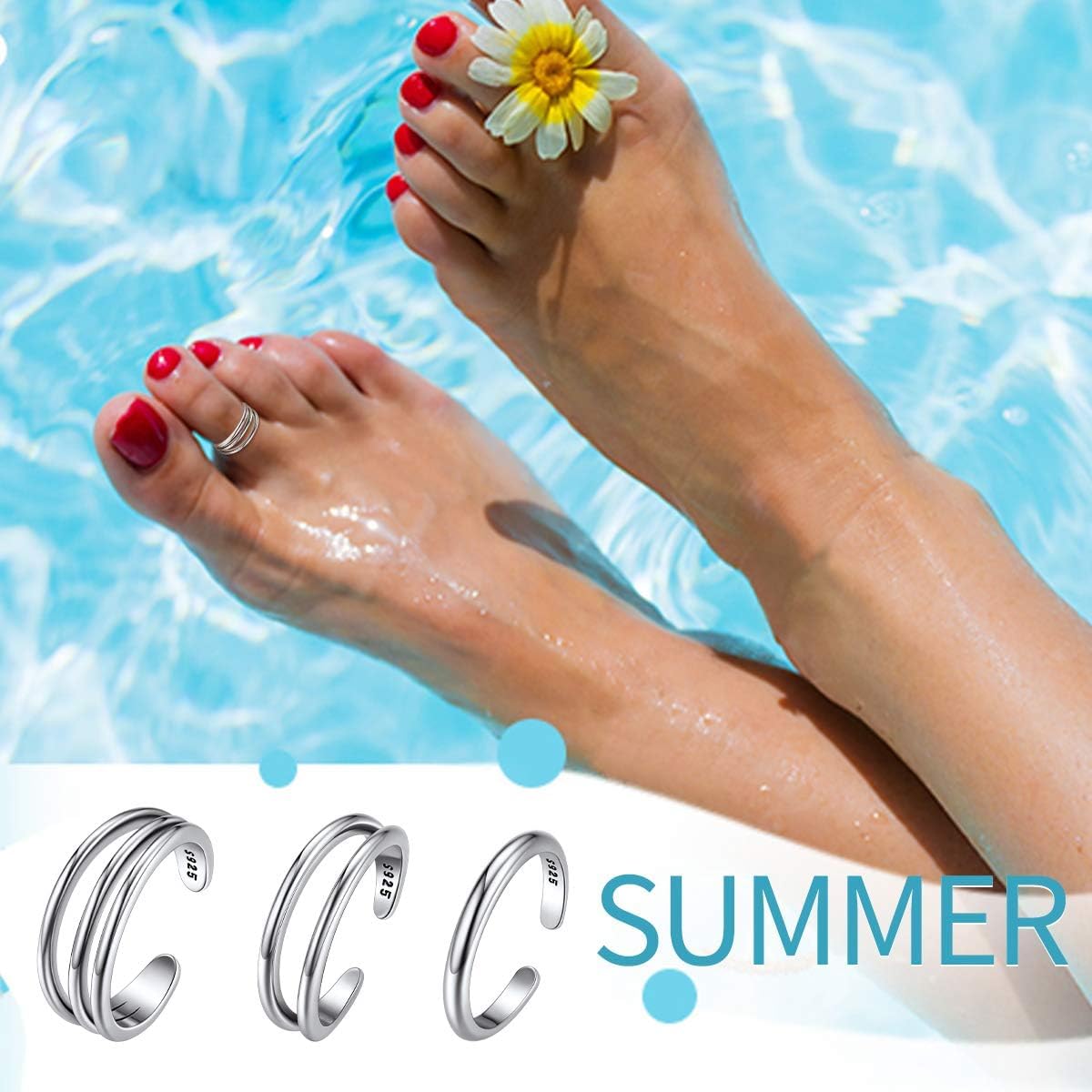 3 Pcs Adjustable Open Thin Band Minimalist Toe Ring Sets for Women