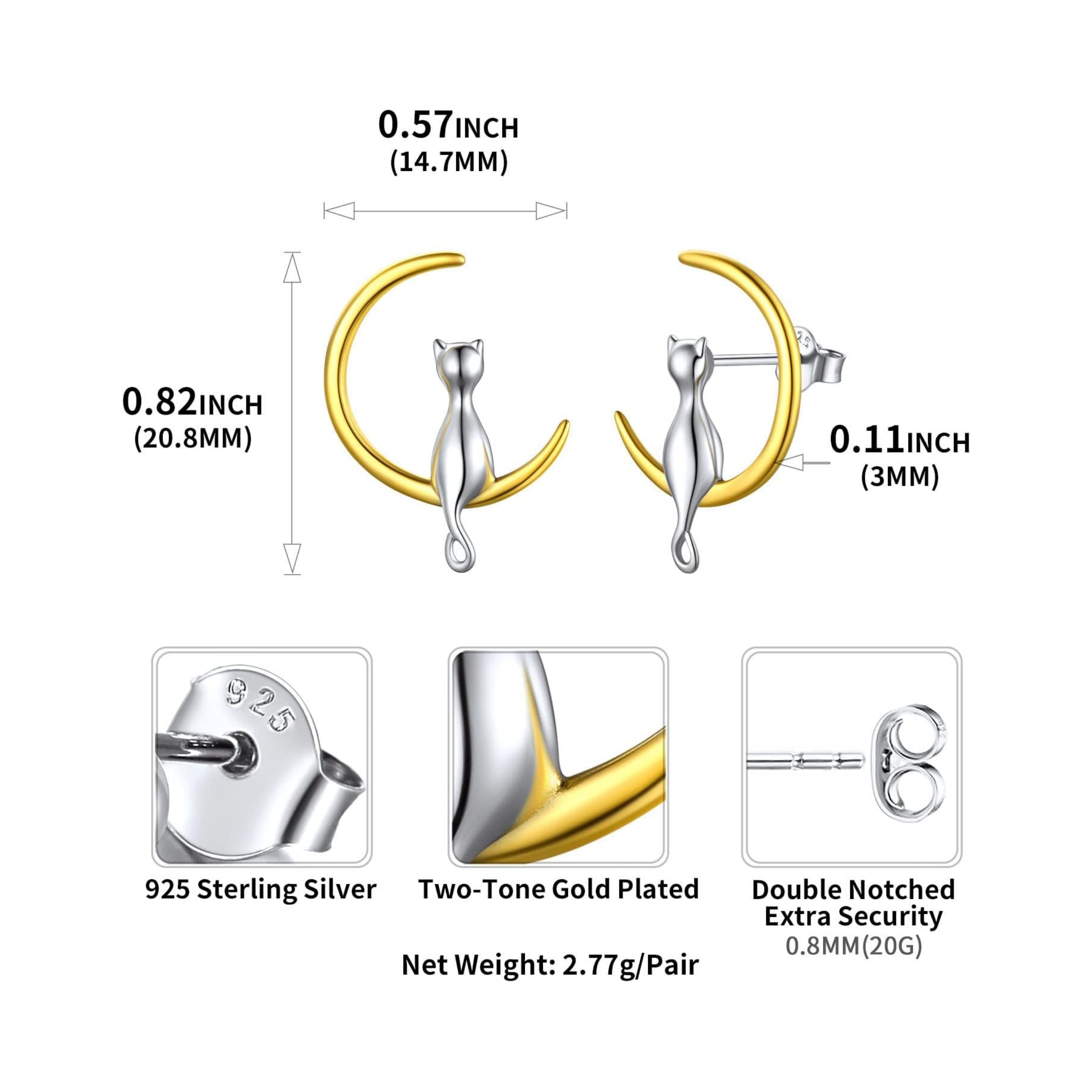 Lovely Cat and Moon Stud Earrings Details: Dimensions, Hypoallergenic, Push Back Finding