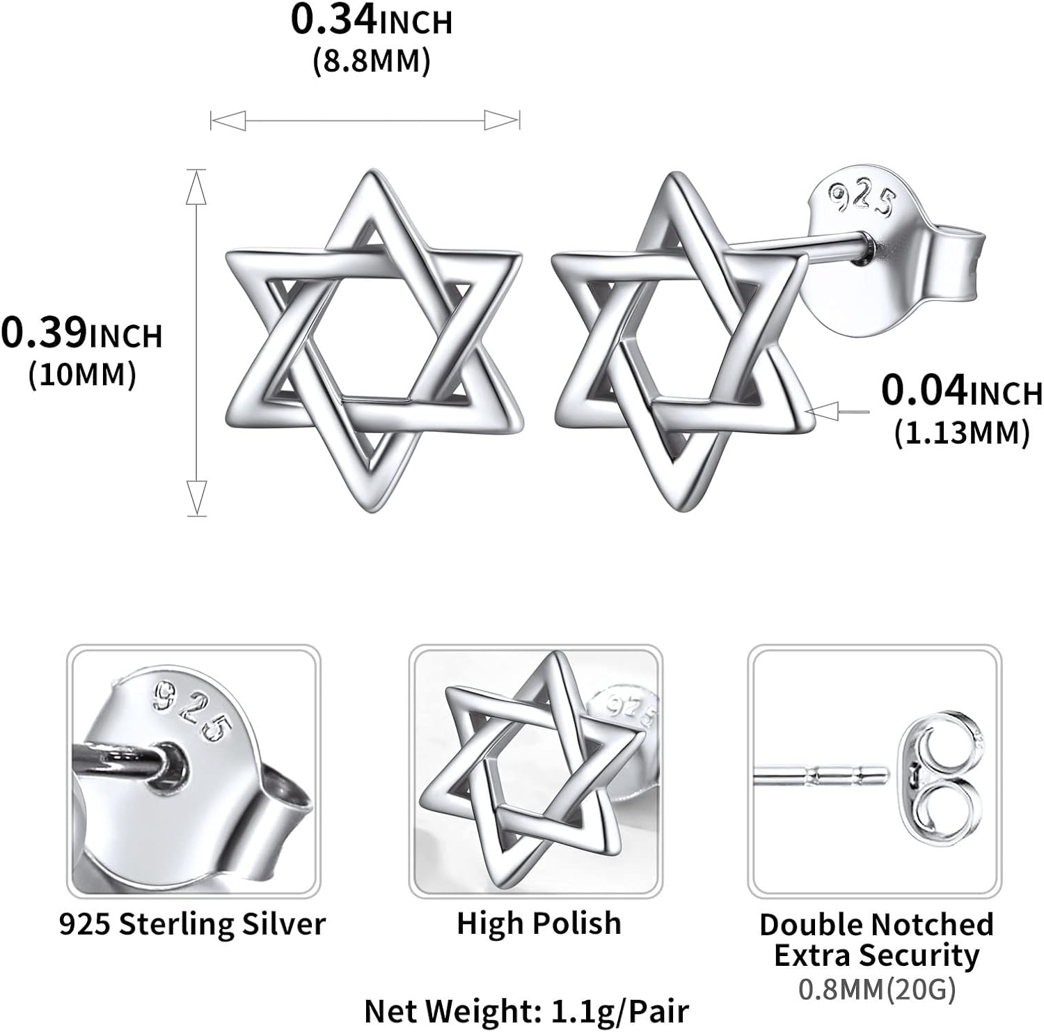 Star of David Stud Earrings for Women Details: Dimensions, Hypoallergenic, Lever Back.