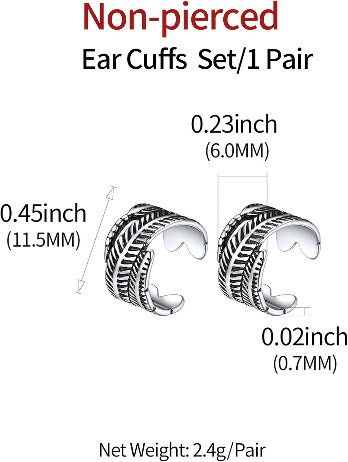 Feather Non-Piercing Cartilage Cuffs Earrings Details: Dimensions, Hypoallergenic, Clip On Back Finding