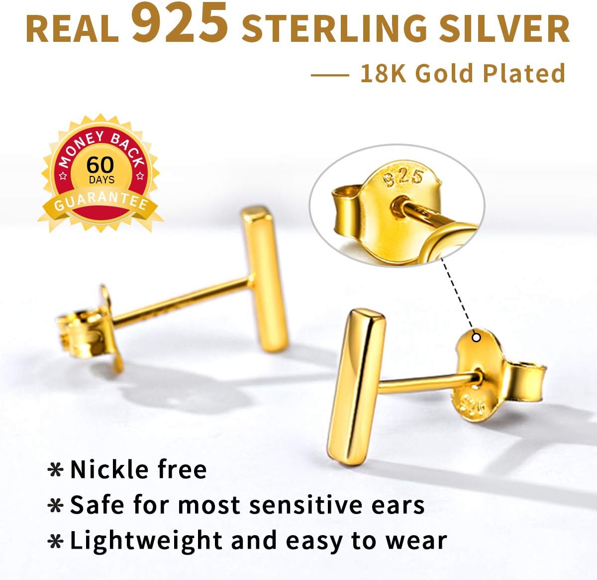 Sterling Silver Dainty Simple Bar Stud Earrings