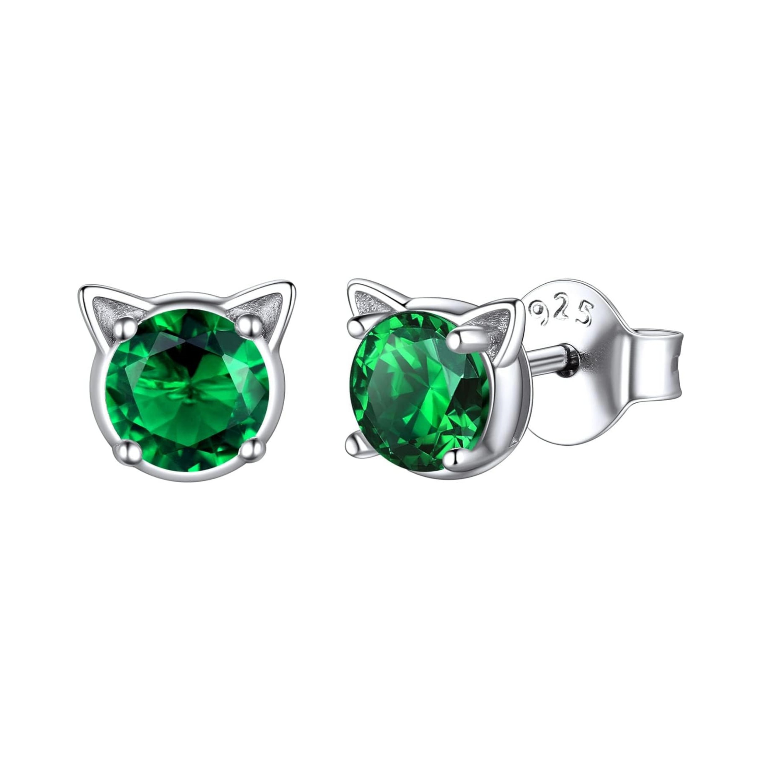 Cute Cat Diamond Birthstone Stud Earrings for women, may birthstone, Emerald Necklace, Taurus Birthstone, Gemini Birthstone, sterling silver earrings, gift idea