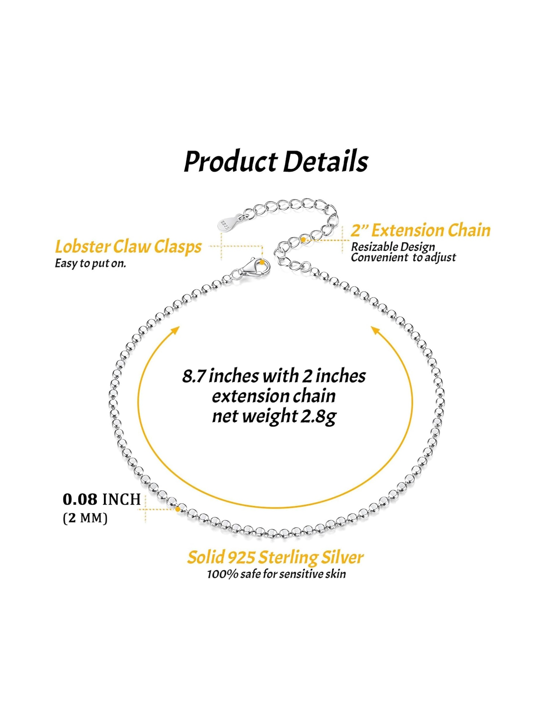 Flat Round Cute Ball Bead Chain Anklet Details: Dimensions, Hypoallergenic, Lobster-Claw-Clasps