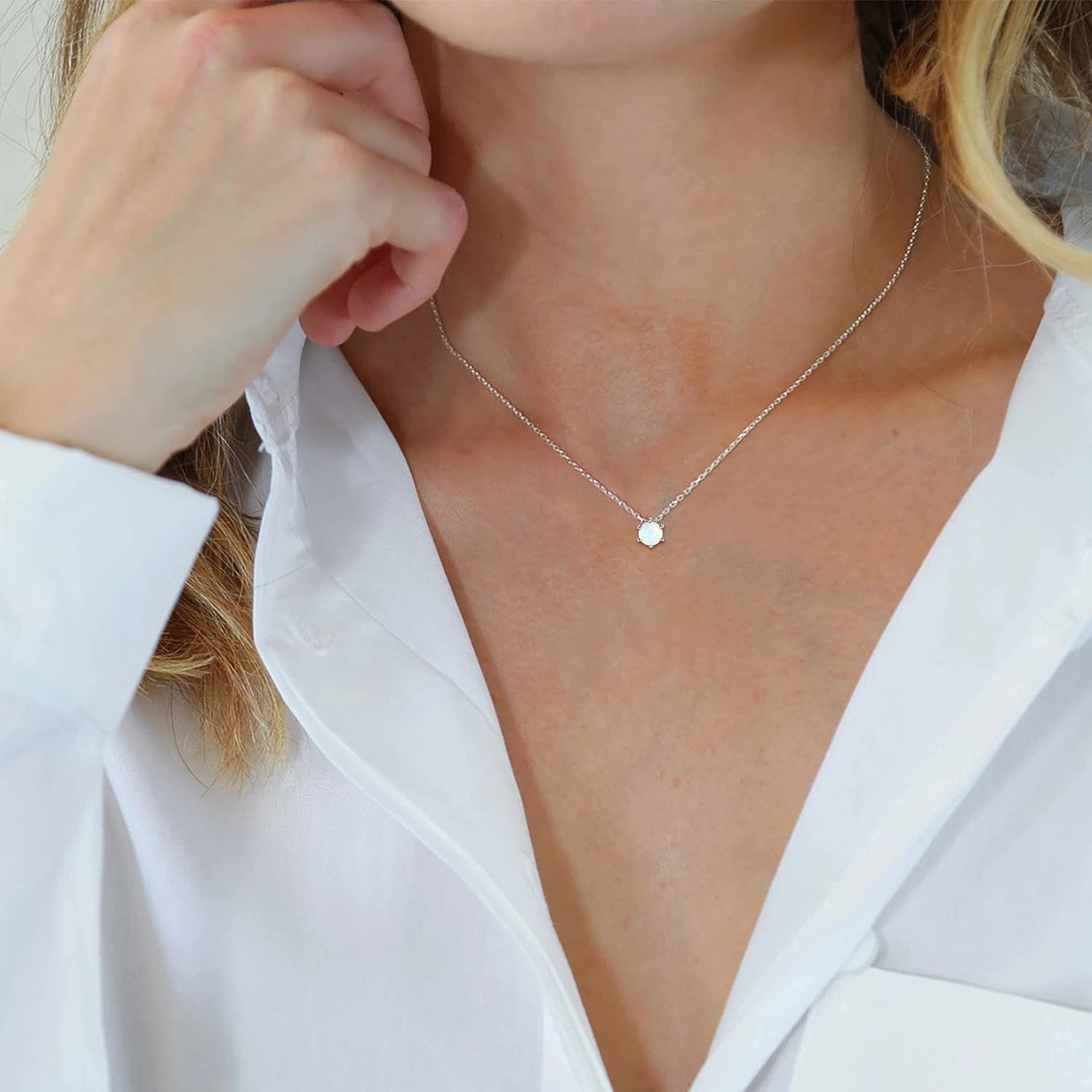 Round Cut Created Opal Gemstone Solitaire Pendant Necklace