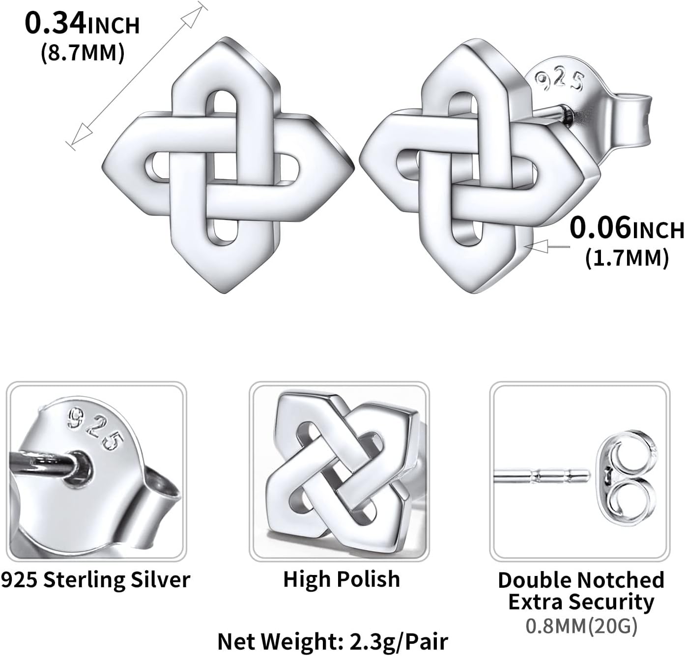 Quaternary Celtic Knot Stud Earrings Details: Dimensions, Hypoallergenic, Push Back Finding