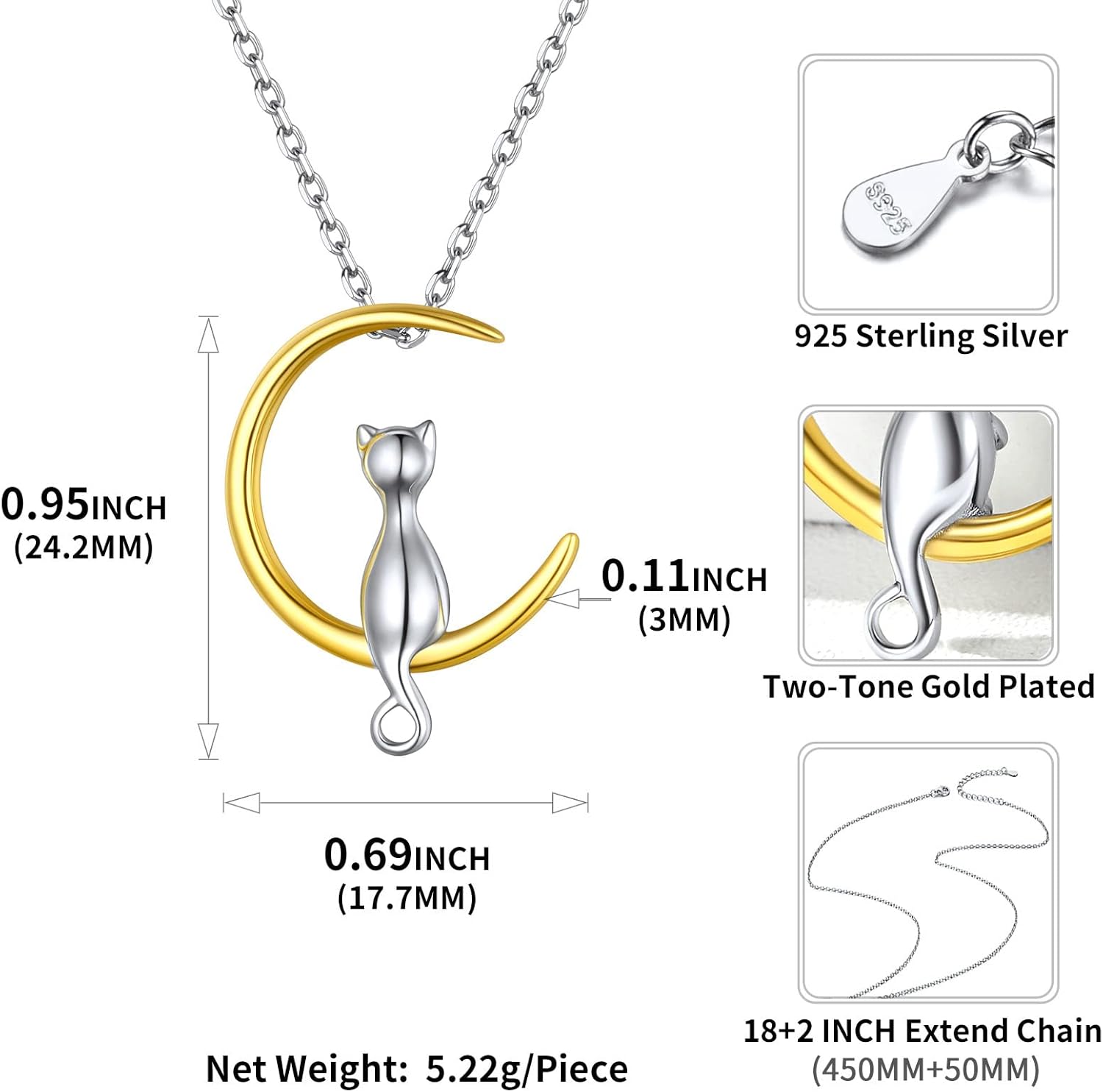 Two Tone Crescent Moon Cat Pendant Necklace Details: Dimensions, Hypoallergenic, Lobster-Claw-Clasps