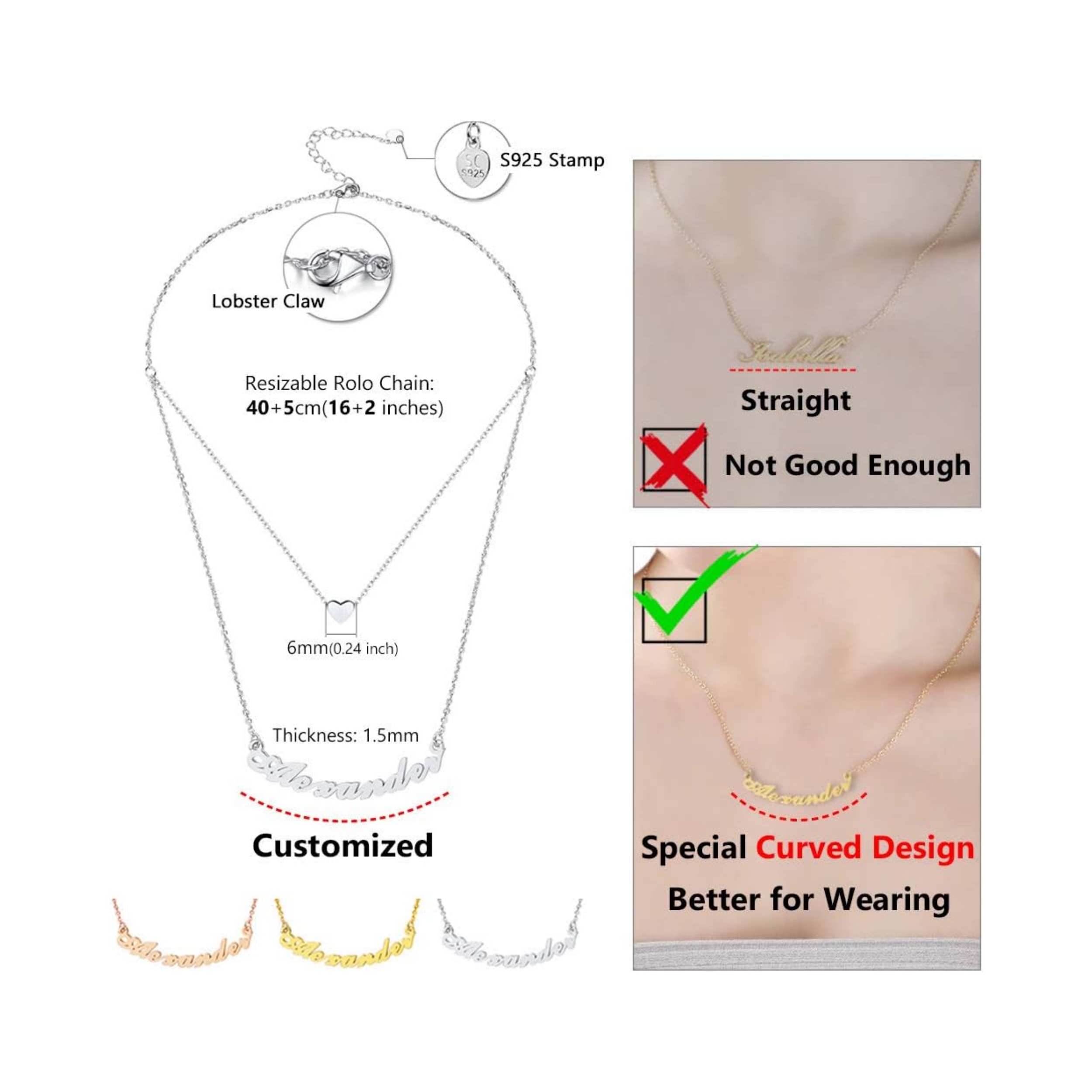 Customizable Name Heart Pendant Choker Necklace Details: Dimensions, Hypoallergenic, Lobster-Claw-Clasps