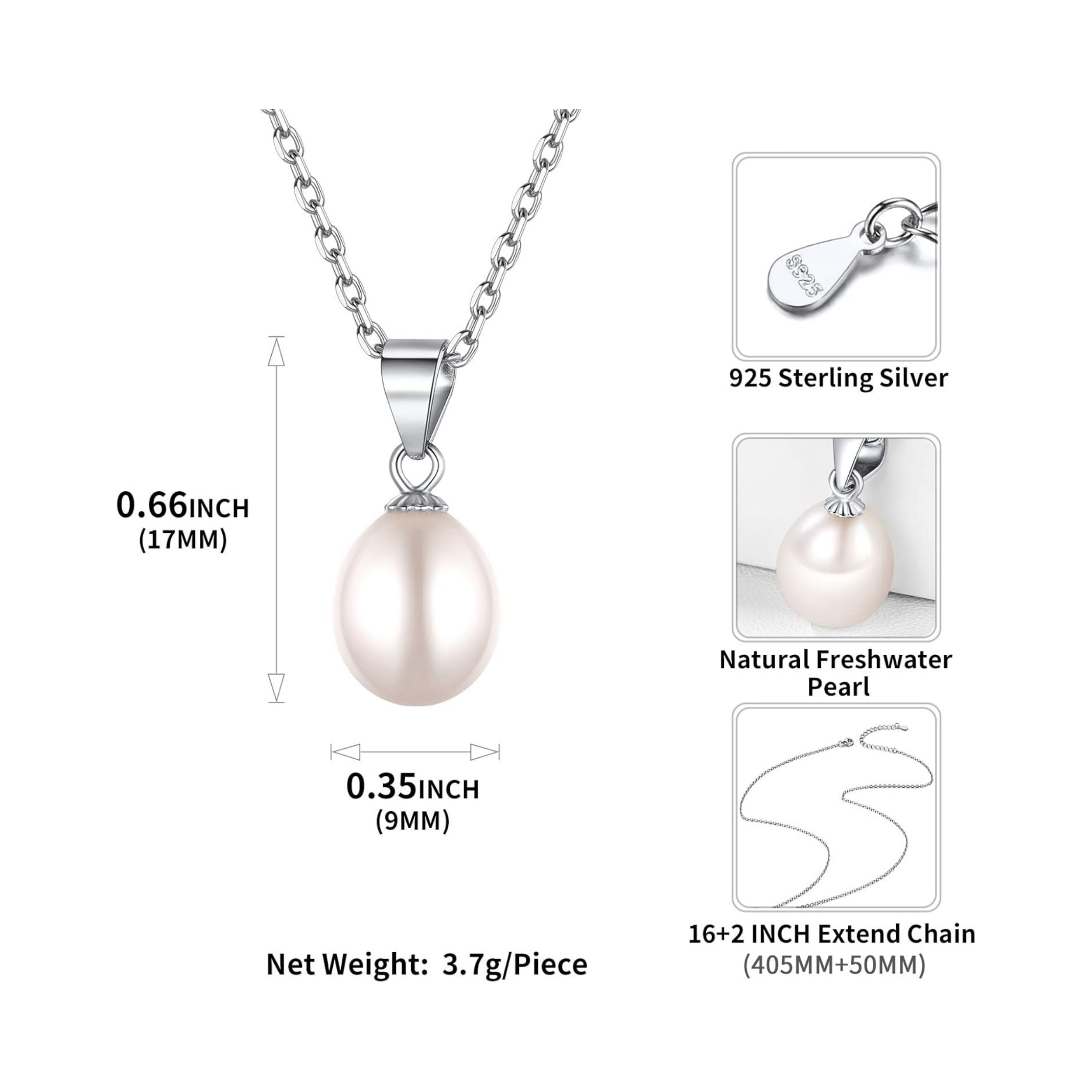 Genuine Freshwater Cultured White Pearl Pendant Necklace Details: Dimensions, Hypoallergenic, Lobster-Claw-Clasps