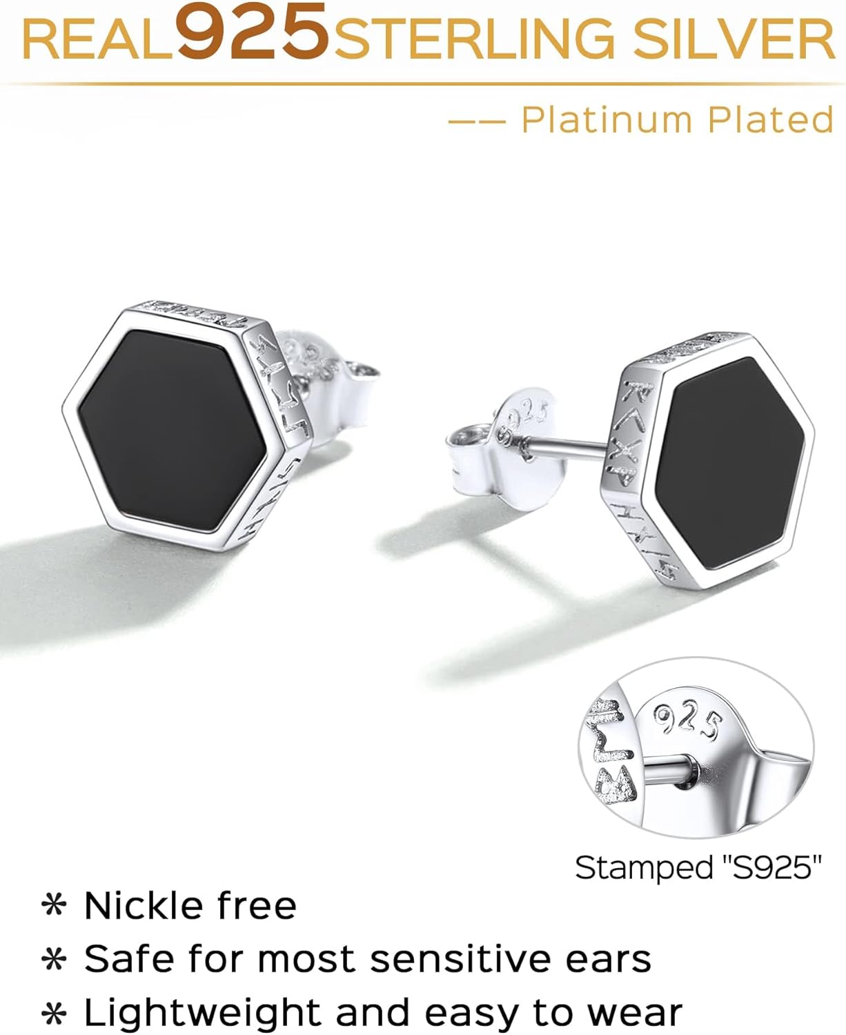 Sterling Silver Natural Black Onyx Viking Rune Small Hexagon Studs Earrings