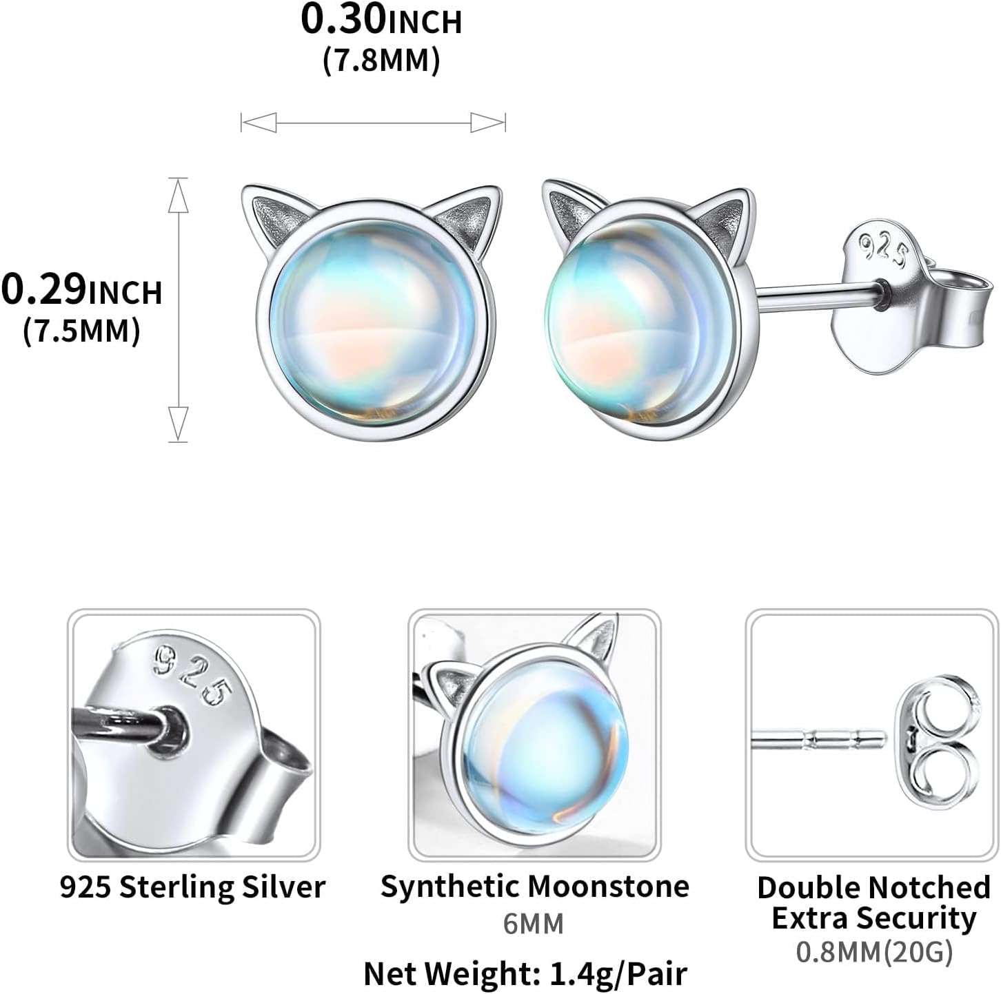 Moonstone Cute Cat Earrings details: Dimensions, Hypoallergenic, Push Back Finding